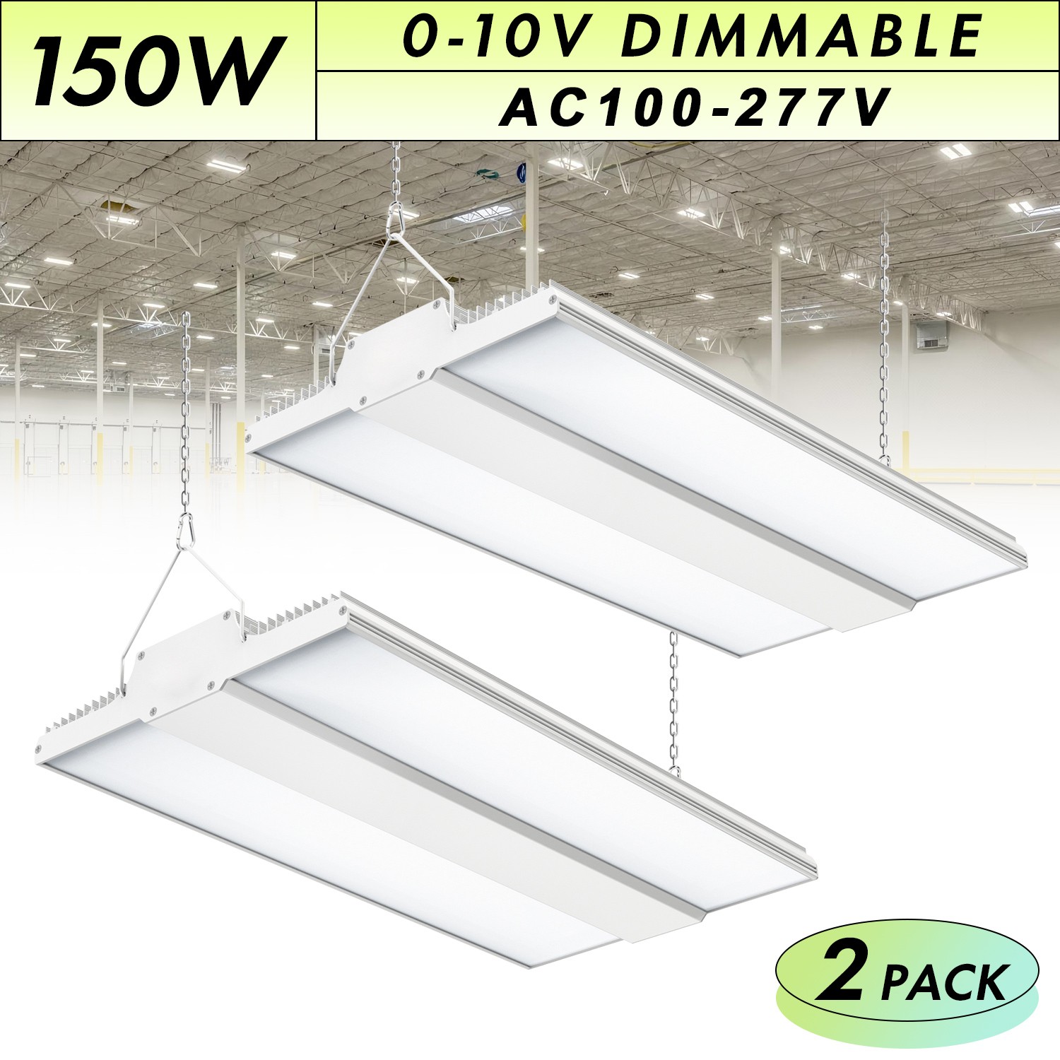 2-Pack 150W LED Linear High Bay Light Dimmable 5000K Hanging Warehouse Fixtures
