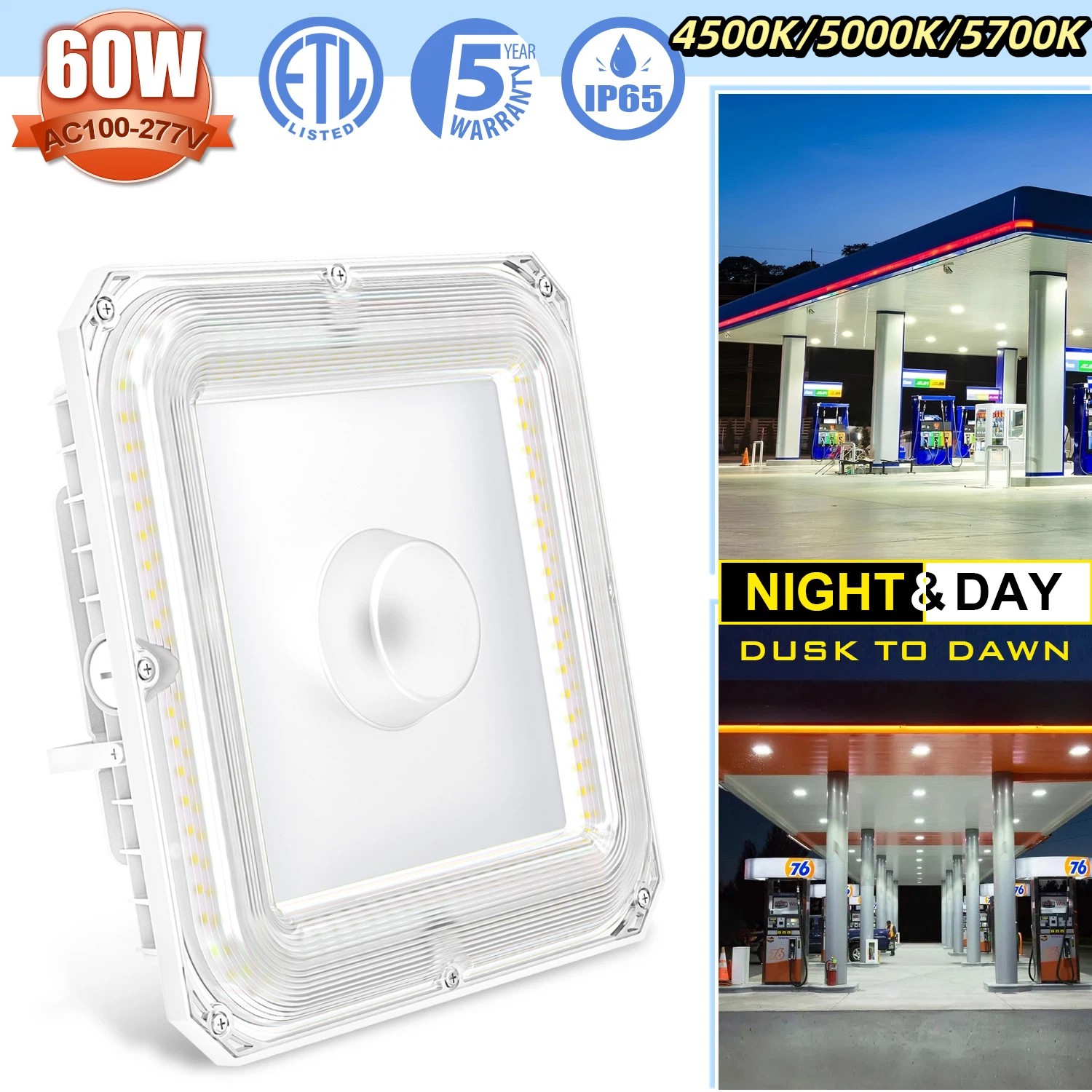 60W LED Canopy Light for Gas Station, Carport,Warehouse,Garage 4500K/5000K/5700K