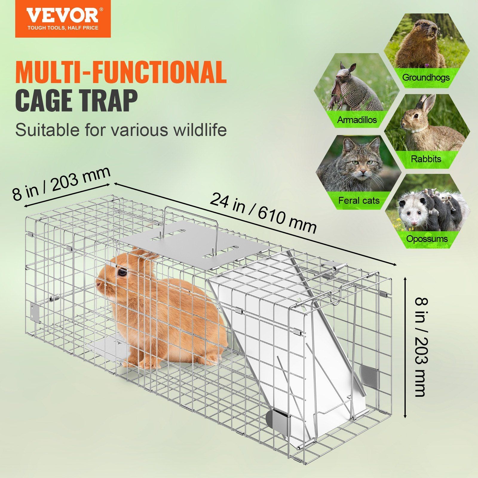 24in Humane Live Animal Trap, Galvanized Iron, Folding with Handle