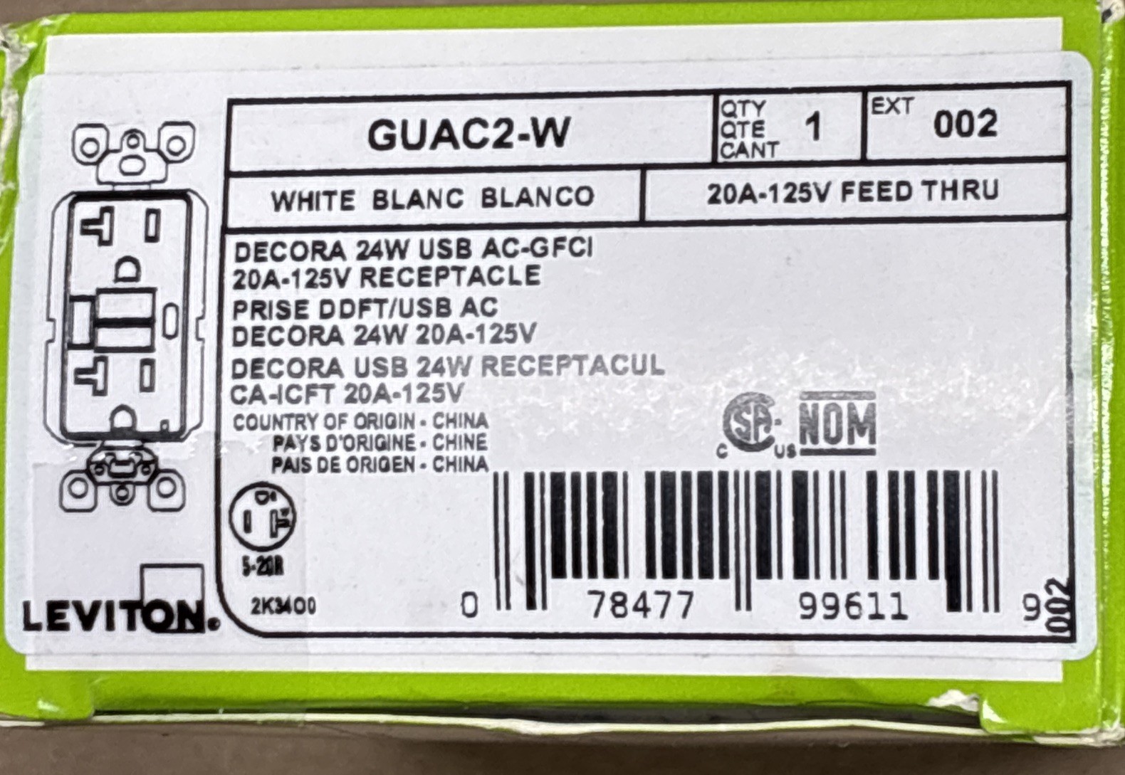Leviton GUAC2-W 20 Amp, 125 Volt, Tamper-Resistant GFCI Receptacle, White