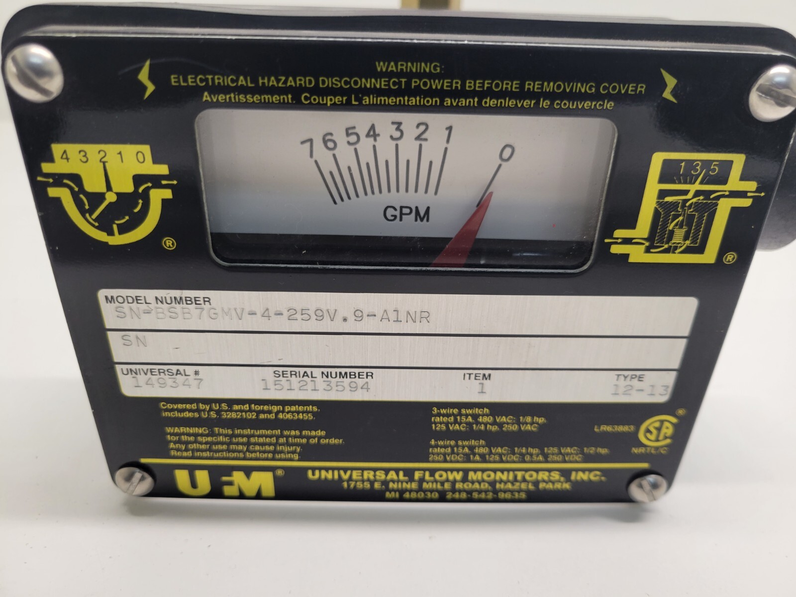 NEW OLD STOCK! UFM UNIVERSAL FLOW MONITORS FLOW METER SN-BSB7GMV-4-259V.9-A1NR