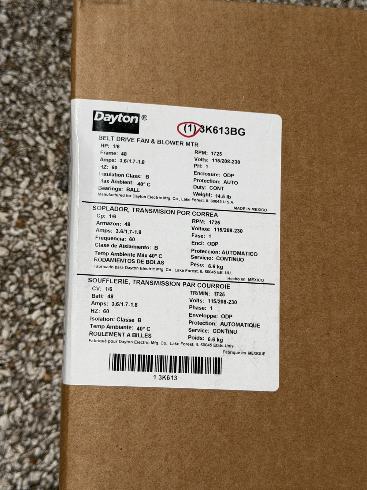 Dayton 3K613BG Split Phase Belt Drive Blower Motor 1/6 Hp 115/208-230V AC 48 FR