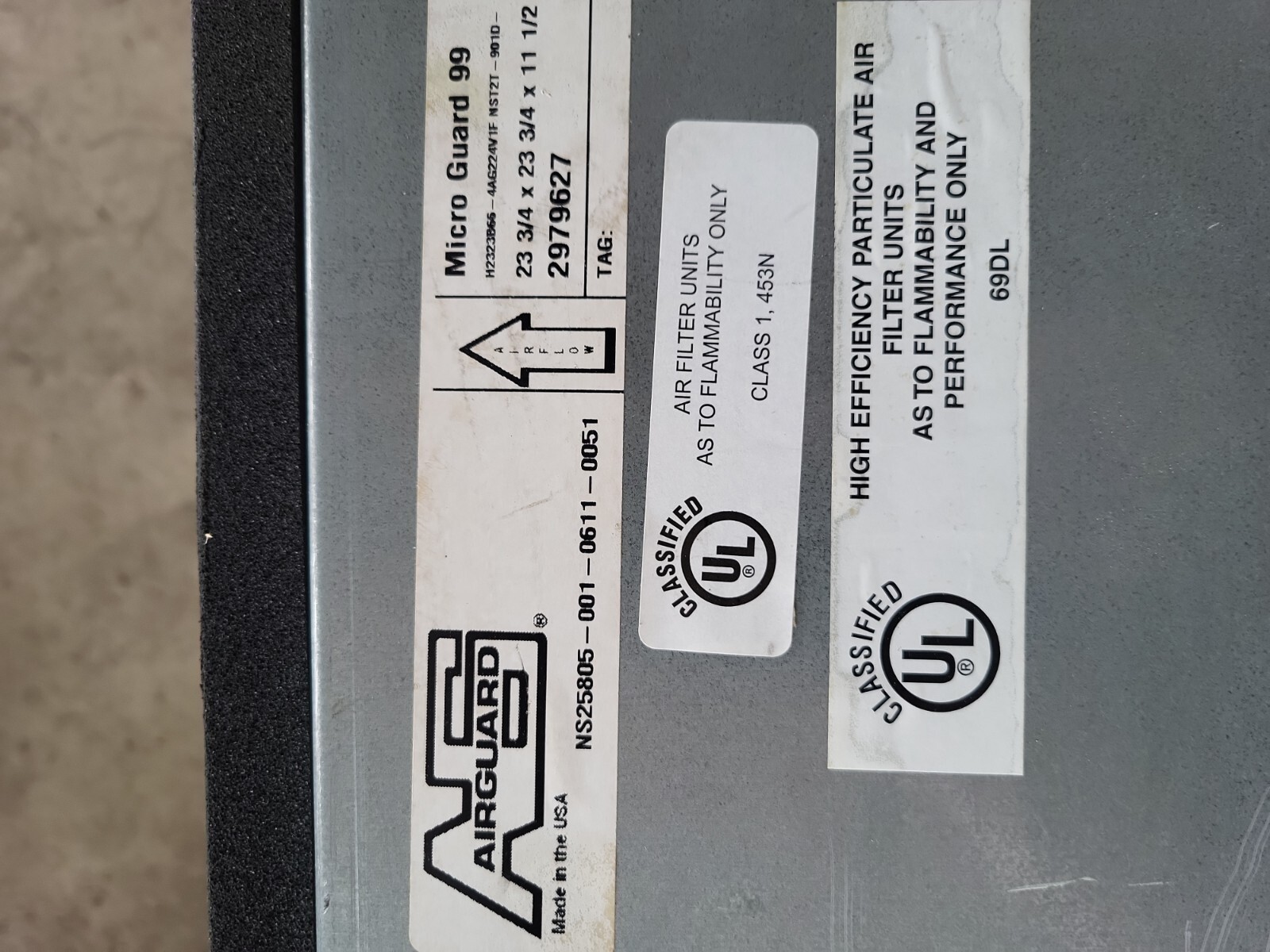 AIRGUARD MICRO GUARD 99 Air Filter H2323B66-NST2T901D 2000-CFM 4330015298929