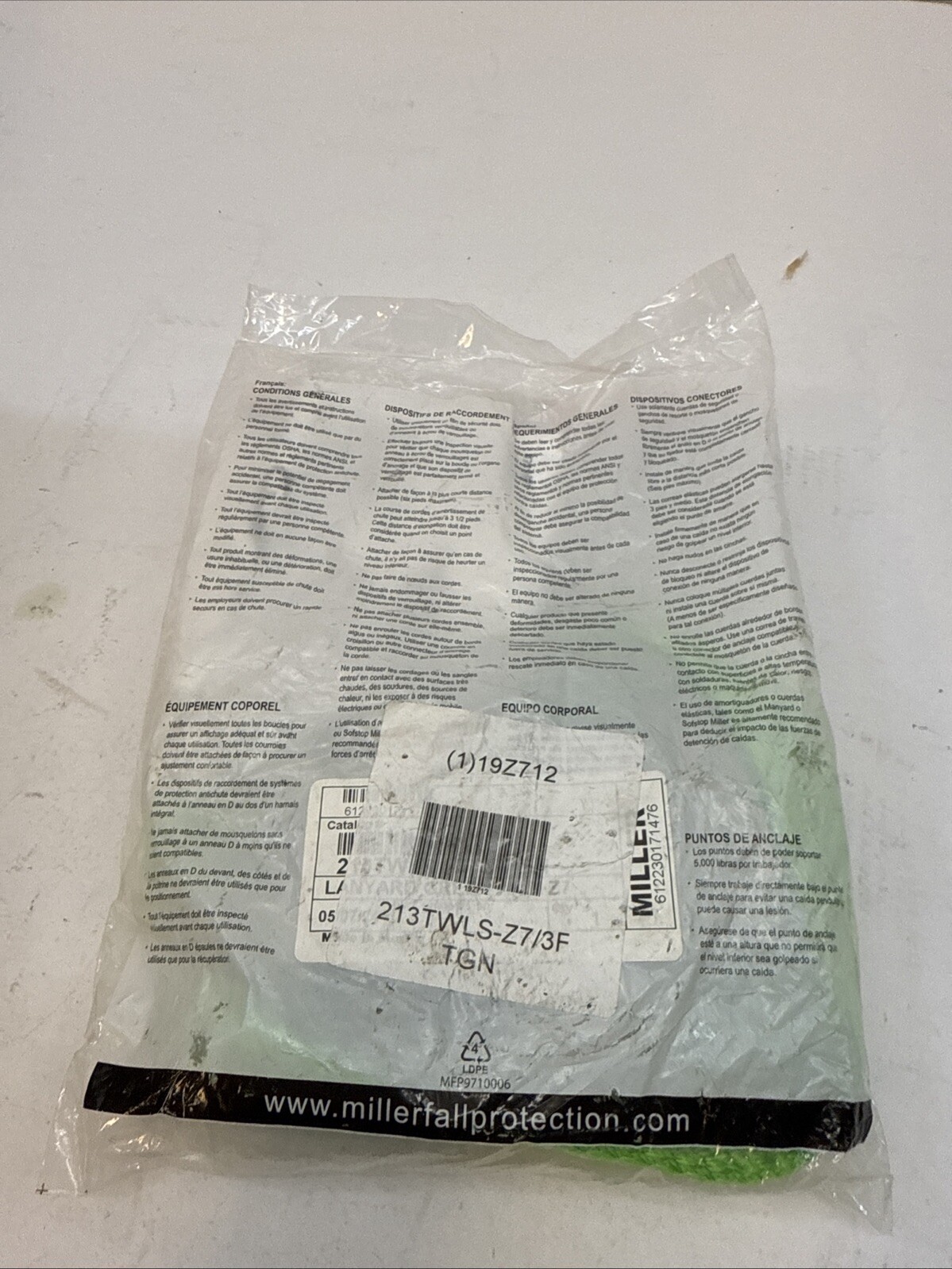 HONEYWELL MILLER 213TWLS-Z7/3FTGN Positioning Lanyard,Green,Fixed 19Z712