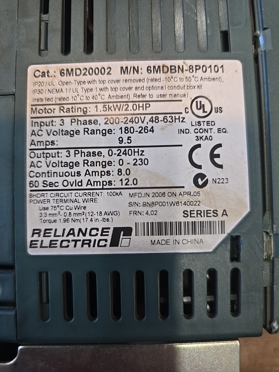 RELIANCE ELECTRIC 6MD20002 6MDBN-8P0101 3PHASE 200-240V 48-63HZ 9.5AMP 2HP