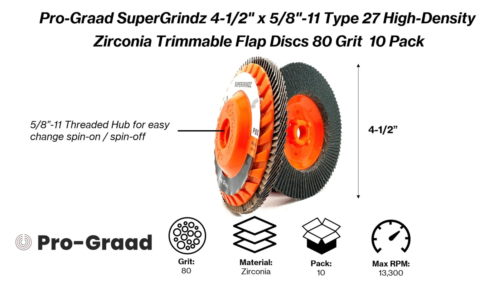 SuperGrindz 10 Pack 4-1/2″ x 5/8″-11 80 Grit Type 27 High-Density Zirconia…