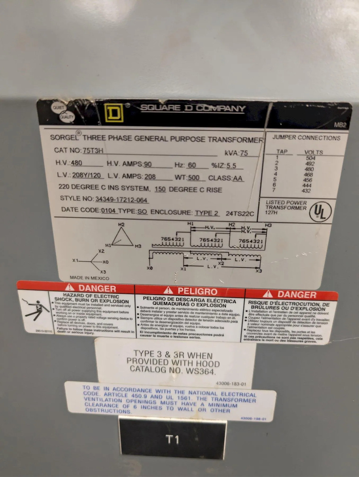 Square D 75kVA Transformer 480V to 208Y/120V 3 Phase Sorgel 75T3H Type 2