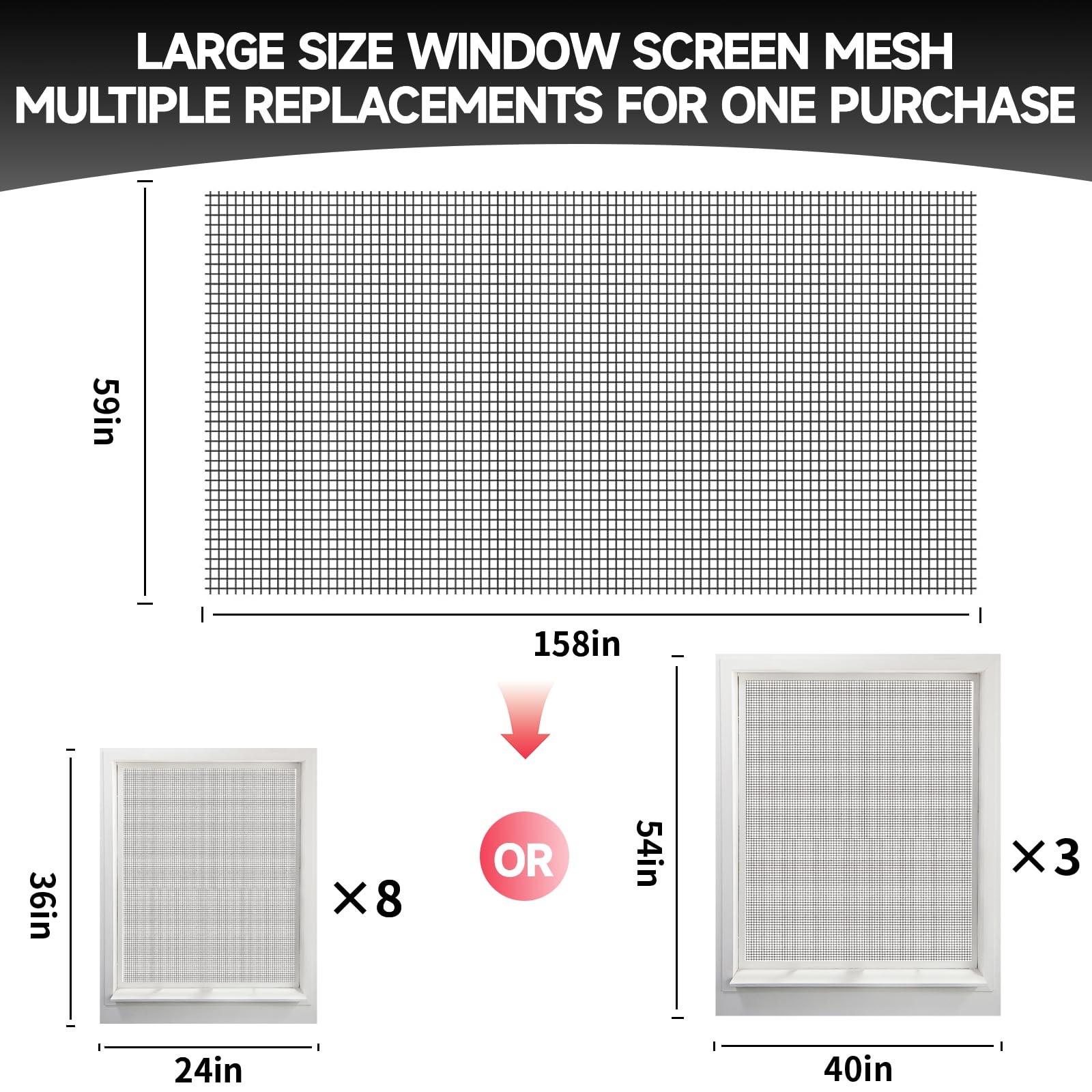 Window Screen Door Repair/Replacement Kit,59″ x158″ 59″ x158″, Black