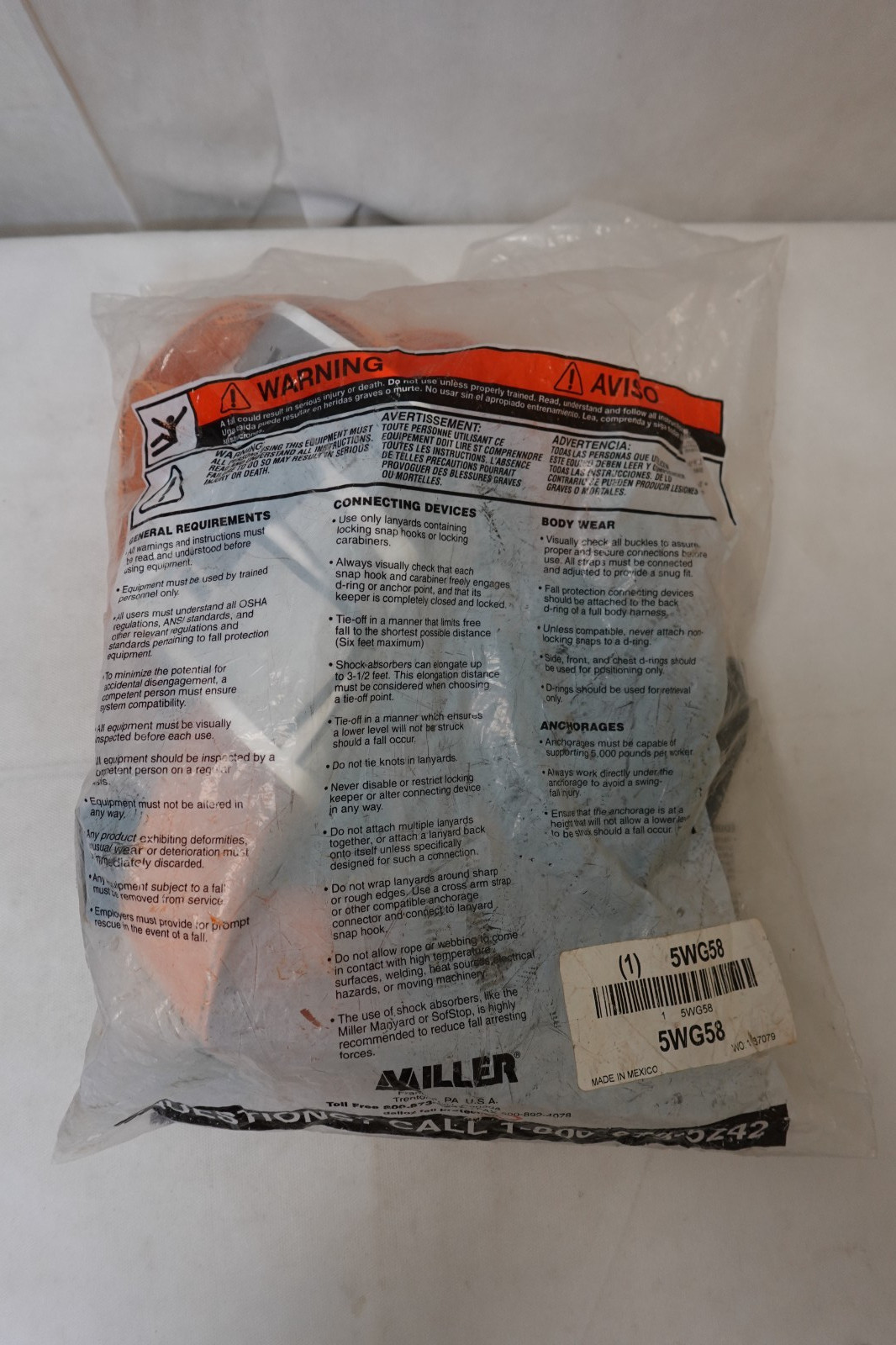 Miller Fall Protection Full Body Harness 400lb Capacity 5WG58 Free Ship T4507/UA