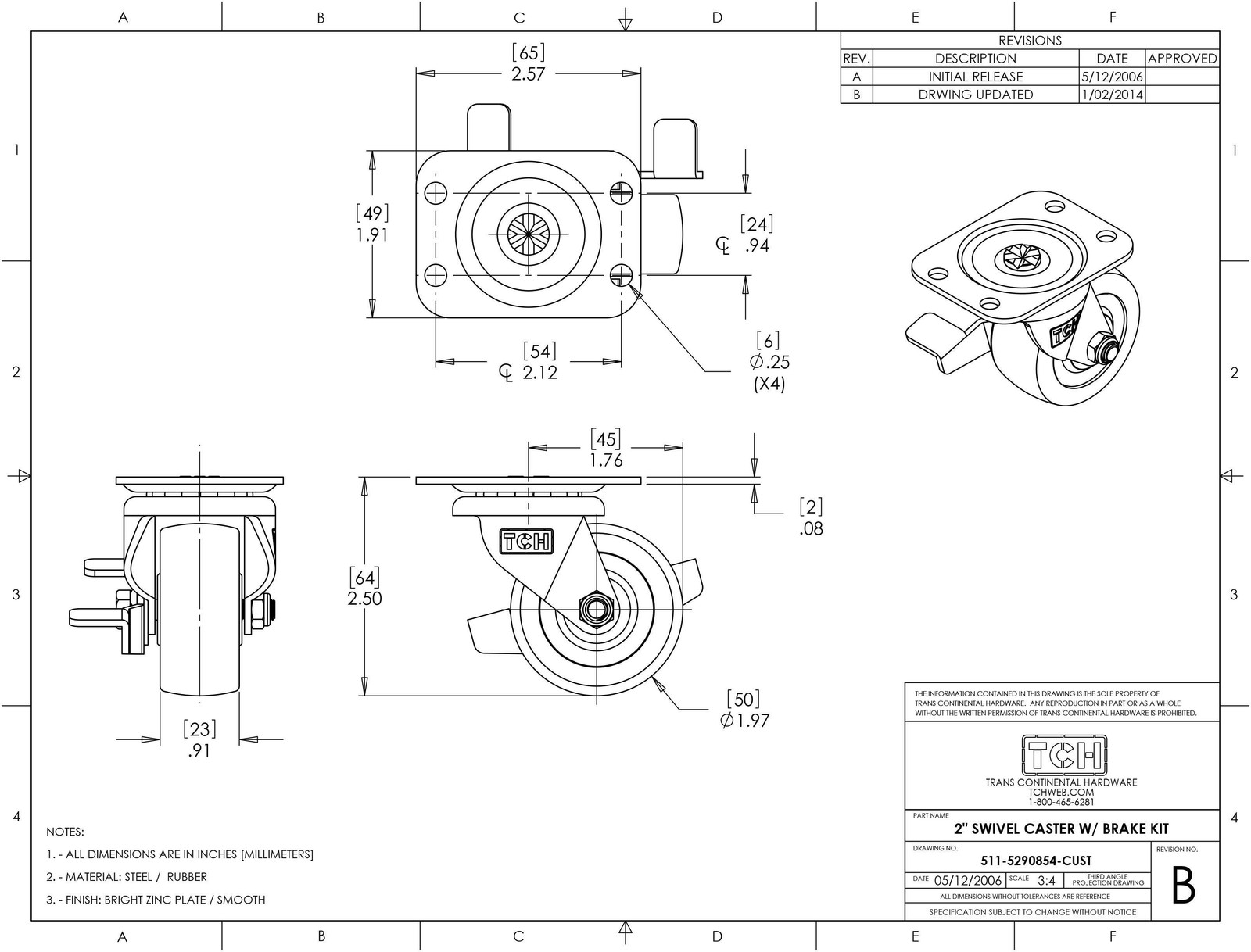 (12 PACK) TCH 511-5290854 2″ Medium Duty Swivel Caster w/ Brake