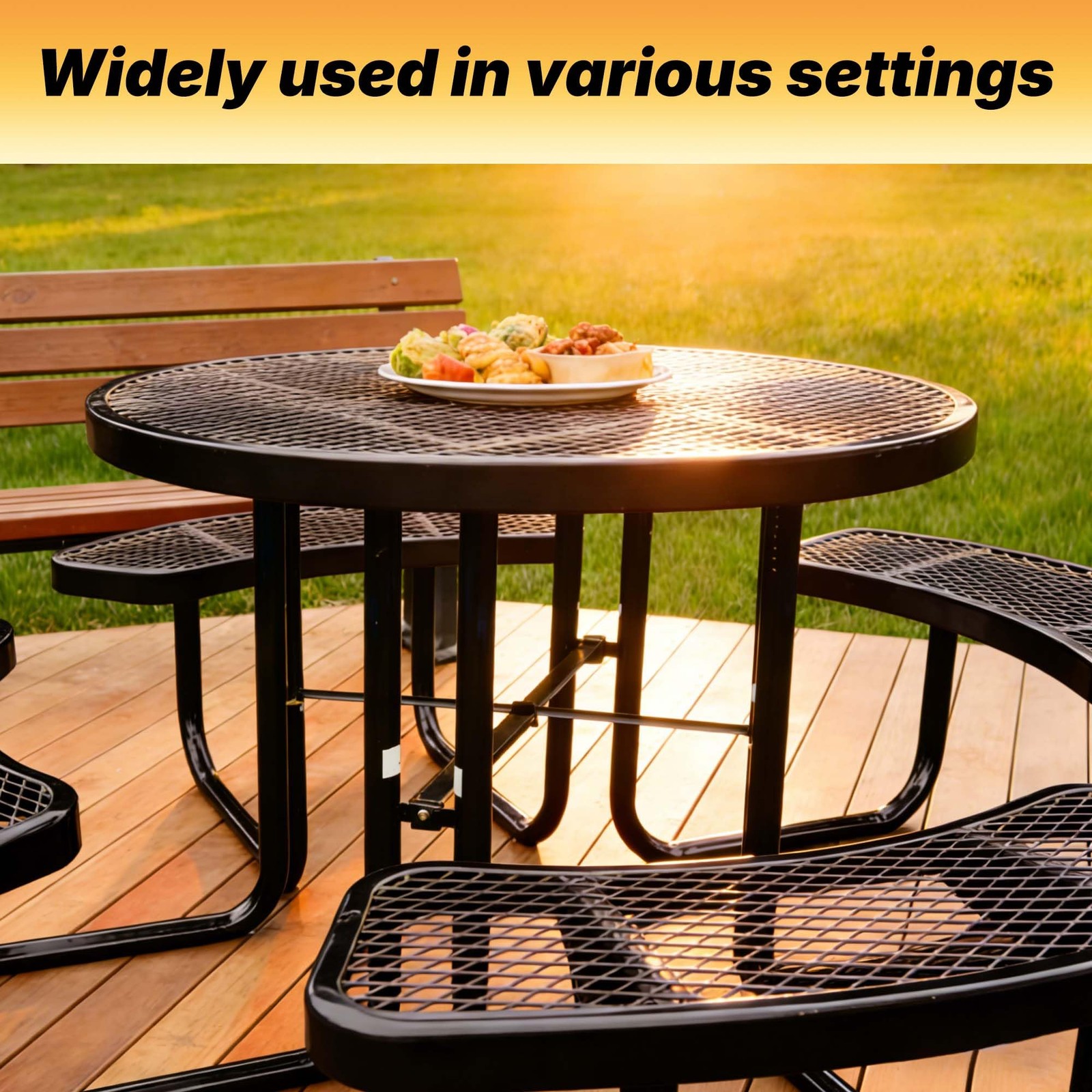 LAUCO 46-Inch Round Metal Picnic Table with Attached Benches, Black 1000 lb