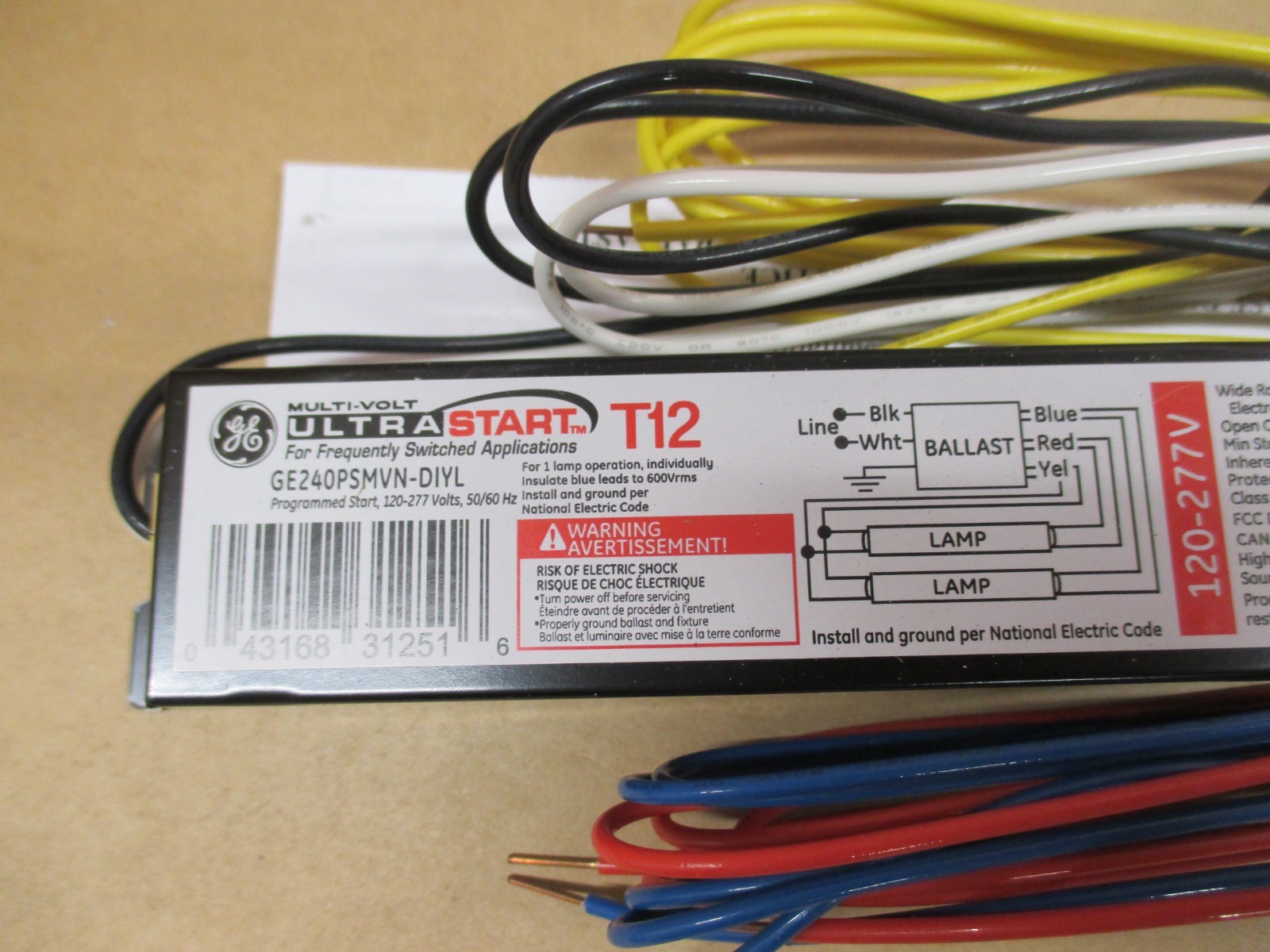 GE240PSMVN-DIYL GE MULTI-VOLT ULTRA START BALLAST T12 120-277V NEW