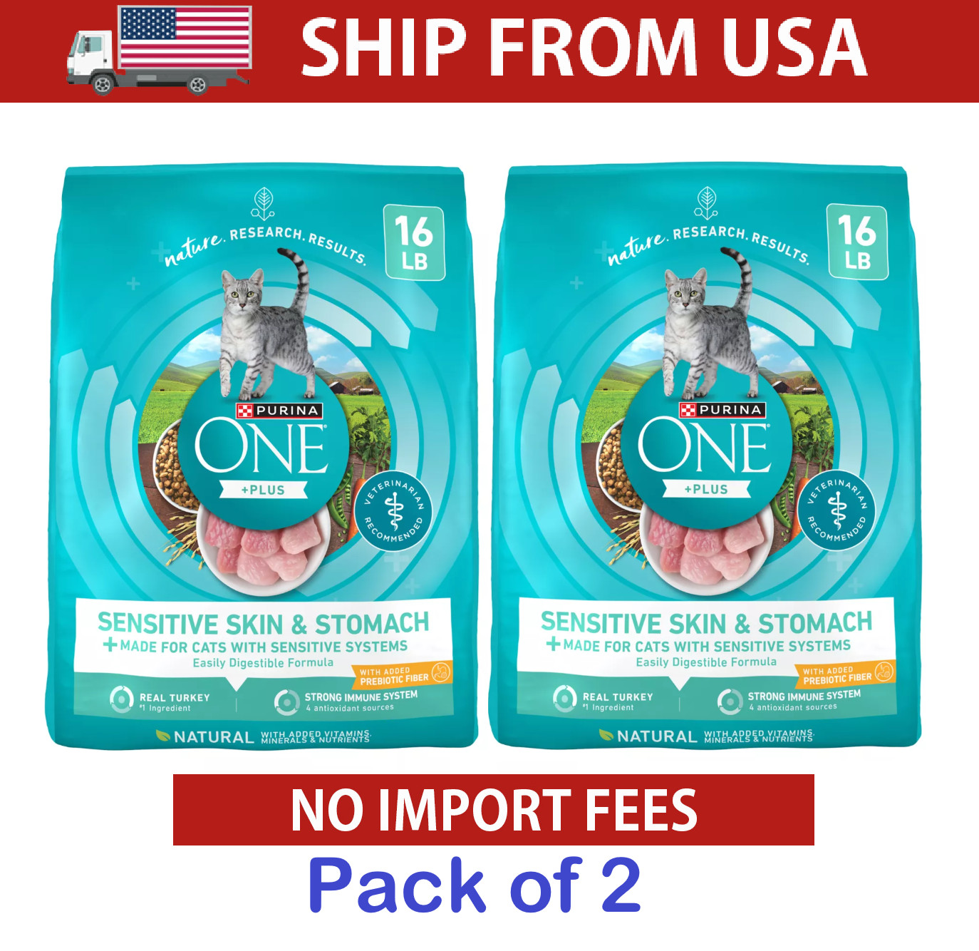 2 Pack Purina ONE Plus, Sensitive Skin & Stomach, Dry Cat Food, Turkey, 16 lb