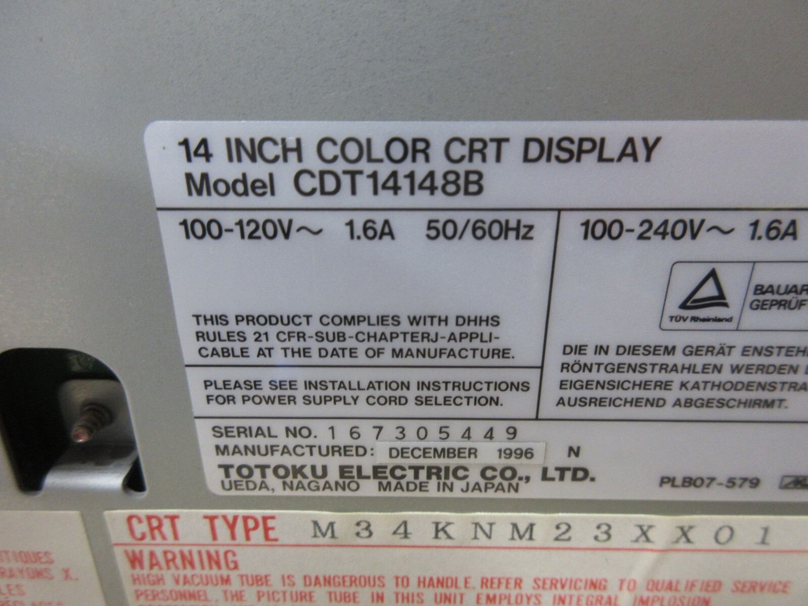 SPECIAL PRICE TOTOKU 14 INCH COLOR CRT DISPLAY CDT14148B M34KNM23XX01 EDM