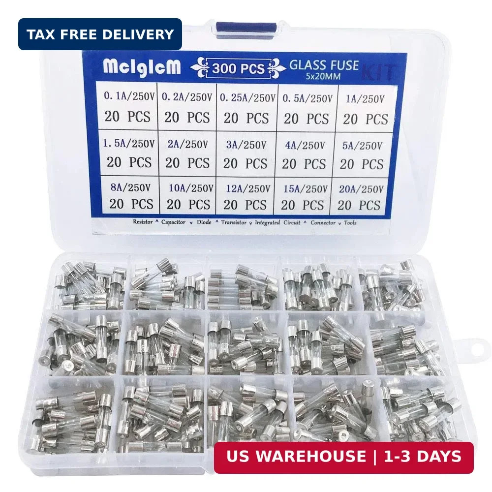 300 Pcs 15 Values 5 x 20mm Fast-Blow Glass Fuse Assortment, 250V 0.1A/ 0.25A/ 0.