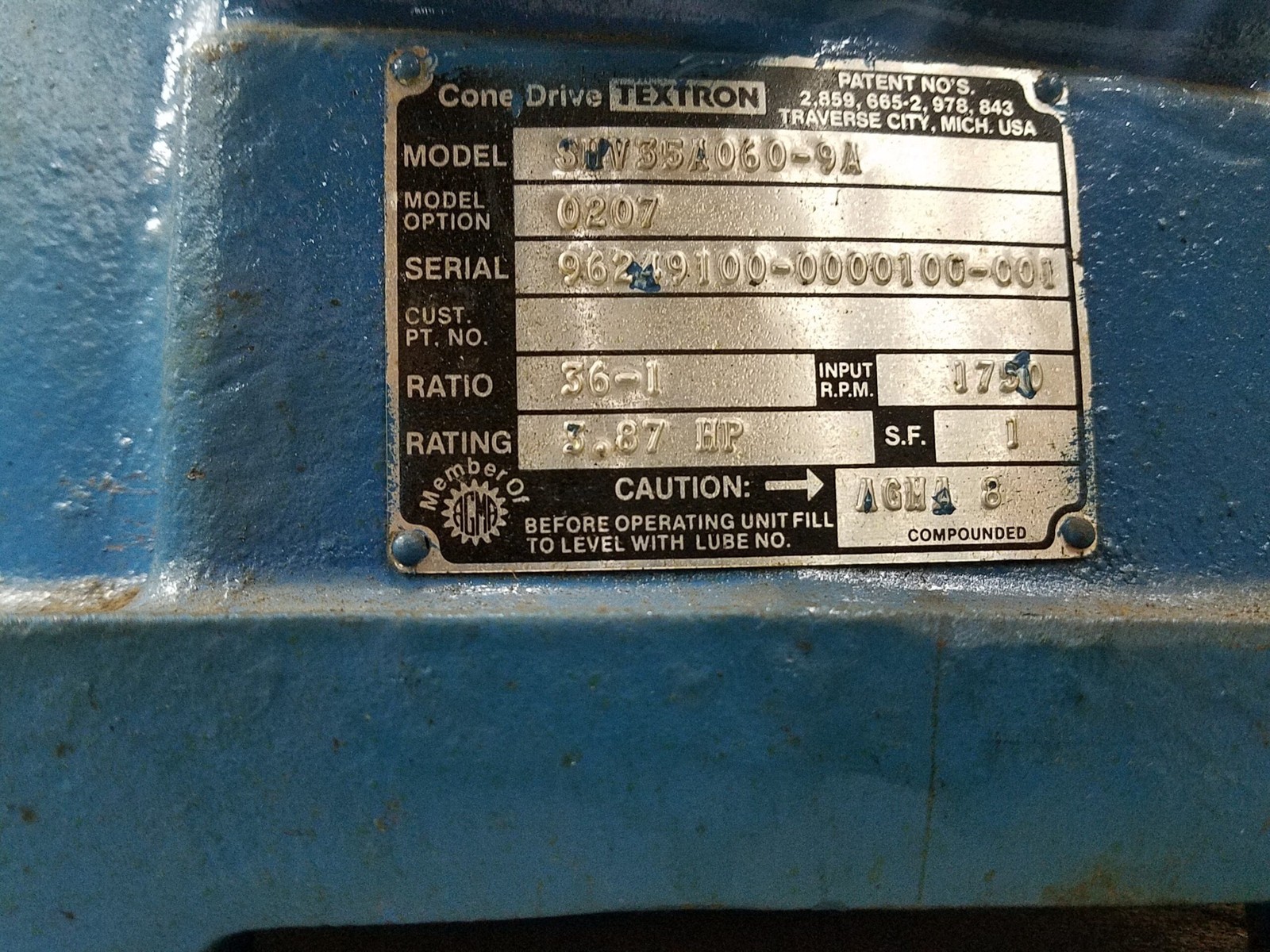 CONE DRIVE SHV35A060-9A TEXTRON GEAR REDUCER,RATIO: 36-1, 1750RPM-IN