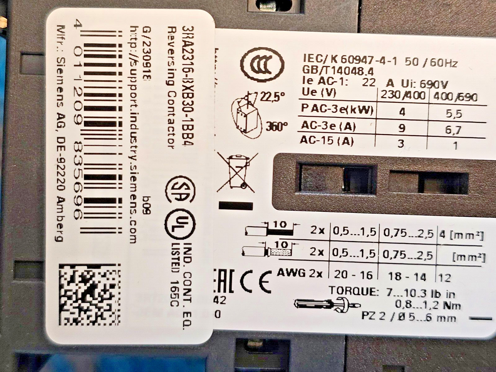 SIEMENS Reversing Contactor 3RA2316-8XB30-1BB4-NEW – FREE SHIP