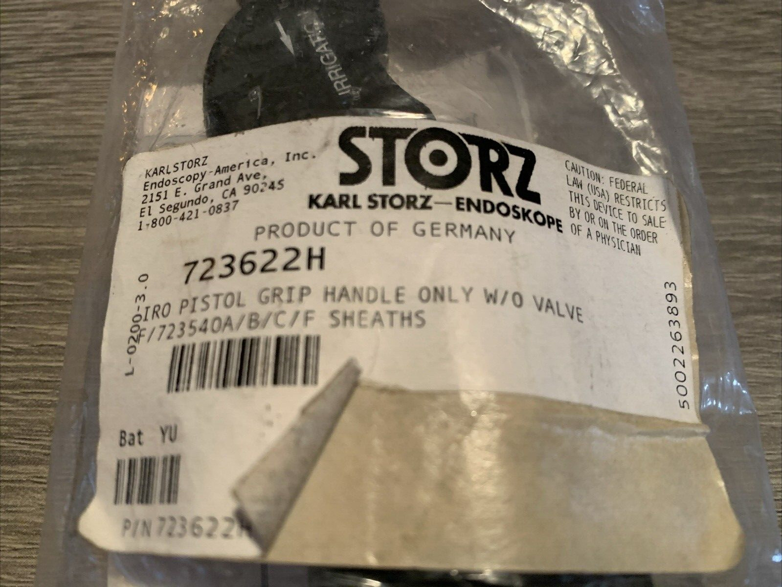 NEW Karl Storz 723622 H Irrigation Handle In Sealed Package