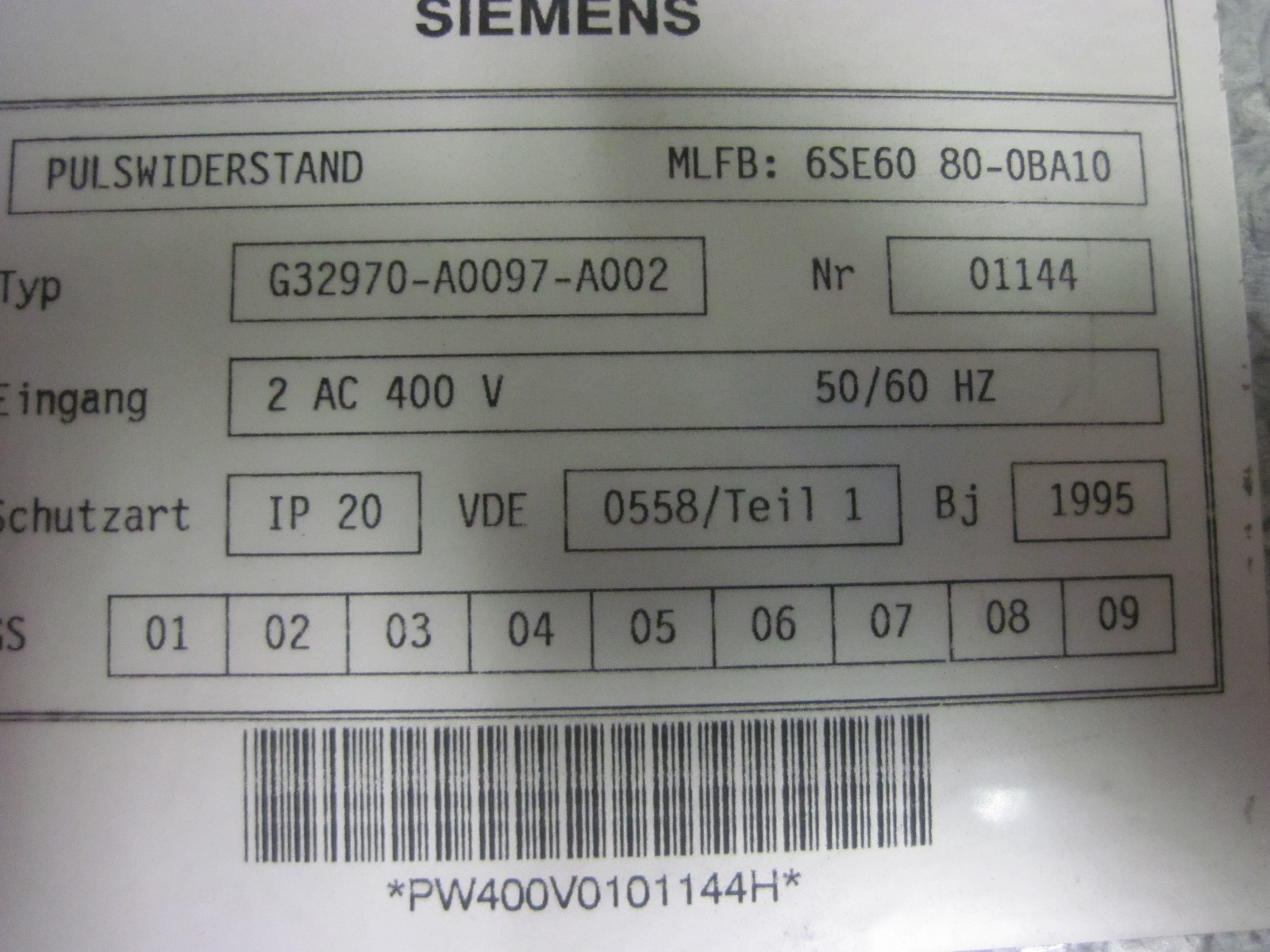 100% WARRANTY Siemens 6SE60 80-0BA10 Pulse Converter Pulswiderstand Drive