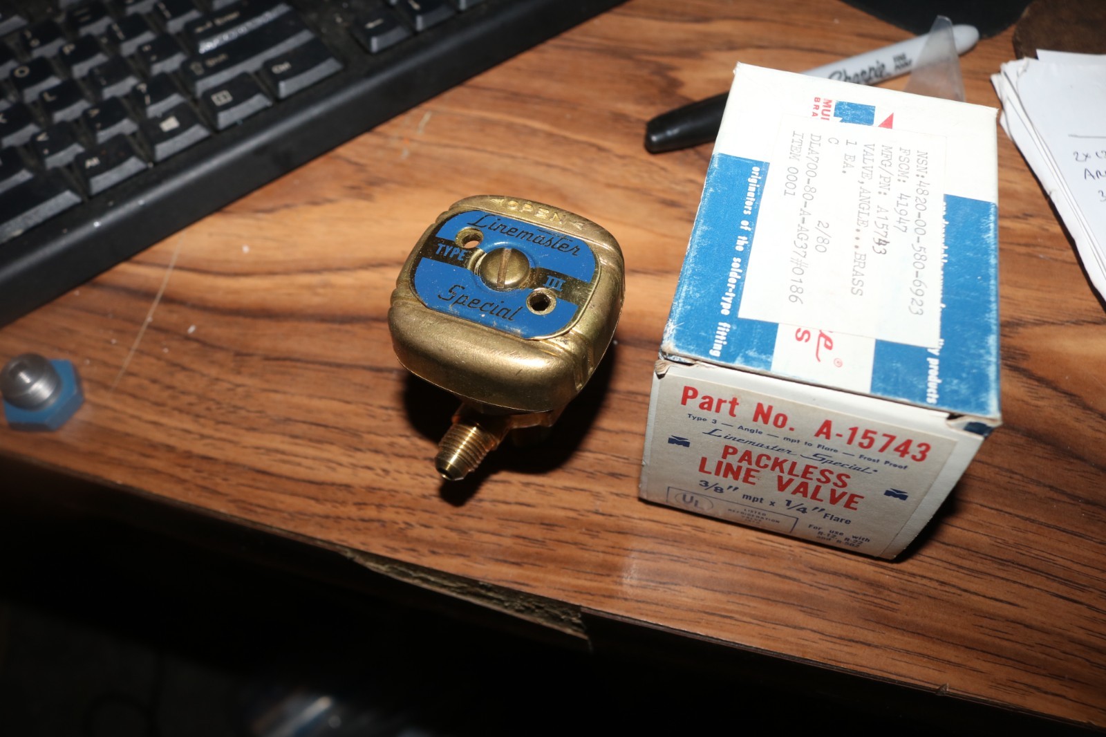 NOS Linemaster A-15743 brass angle valve 3/8 MPT x 1/4 Flare 4820-00-580-6923