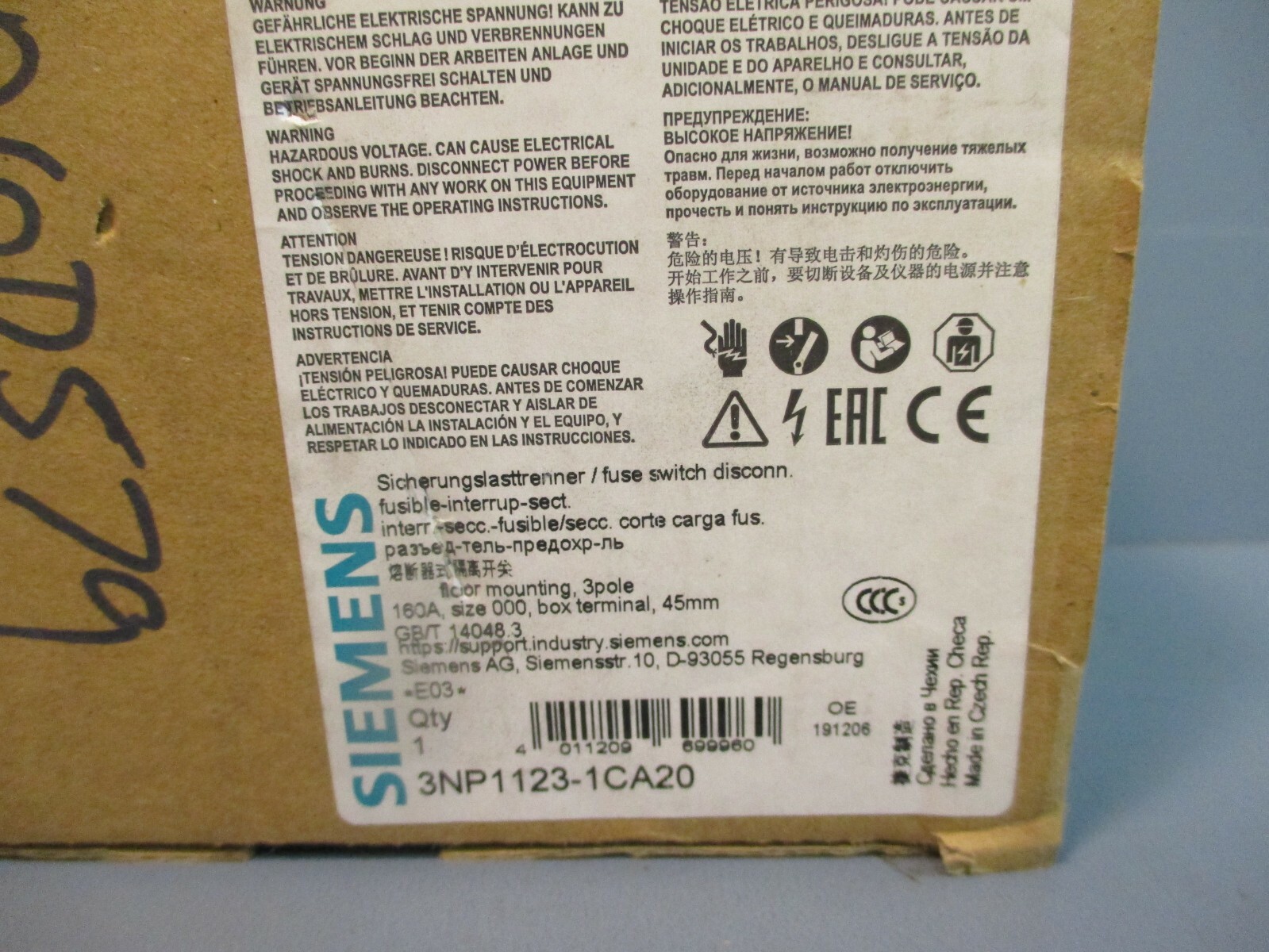 Siemens 3NP1123-1CA20 Fuse Switch Disconnector 3pole 160A NEW