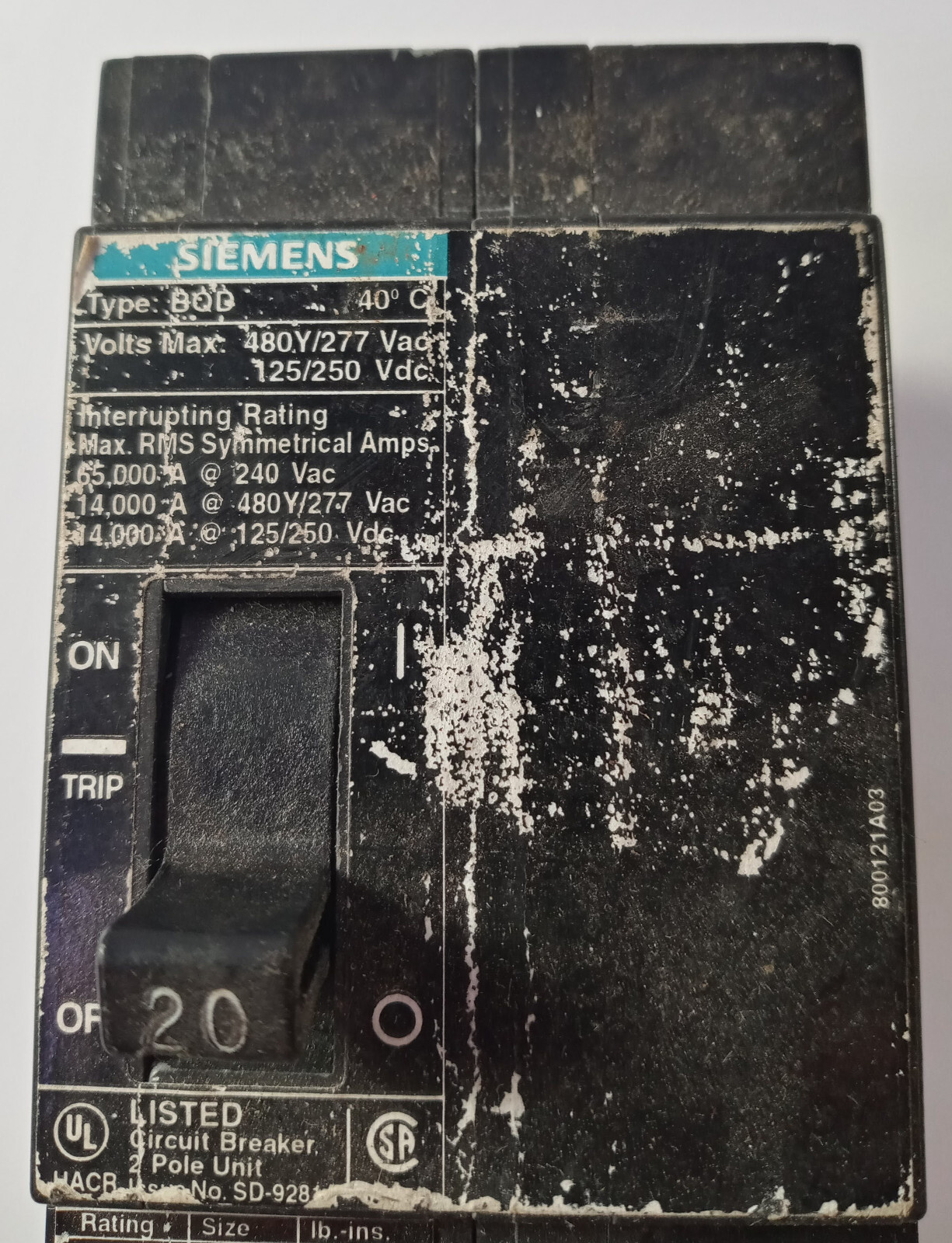 1 USED SIEMENS BQD 20 AMP 2 POLE BOLT-ON CIRCUIT BREAKER ***MAKE OFFER***