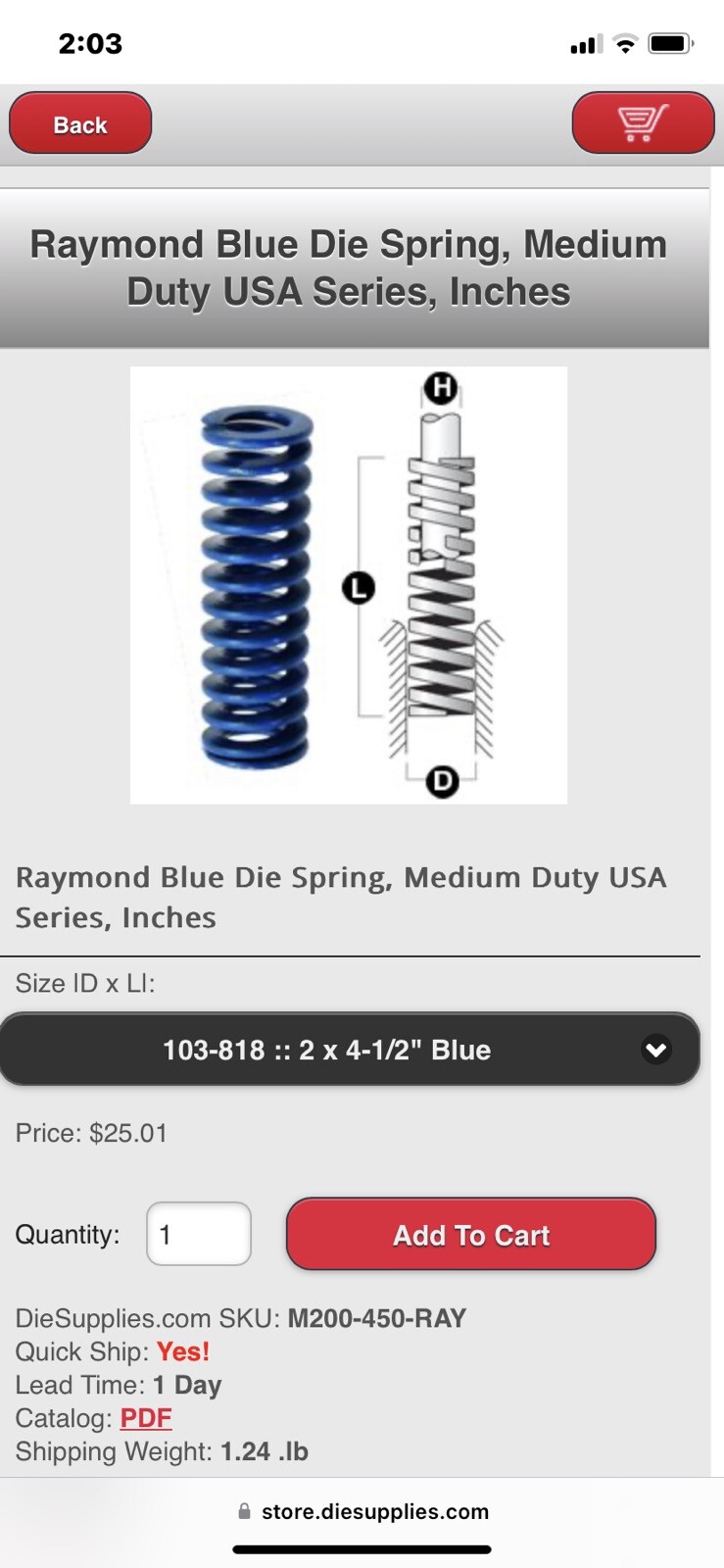 2 X 4-1/2 Inch Die Spring 103818 Medium Duty Blue Raymond Coil