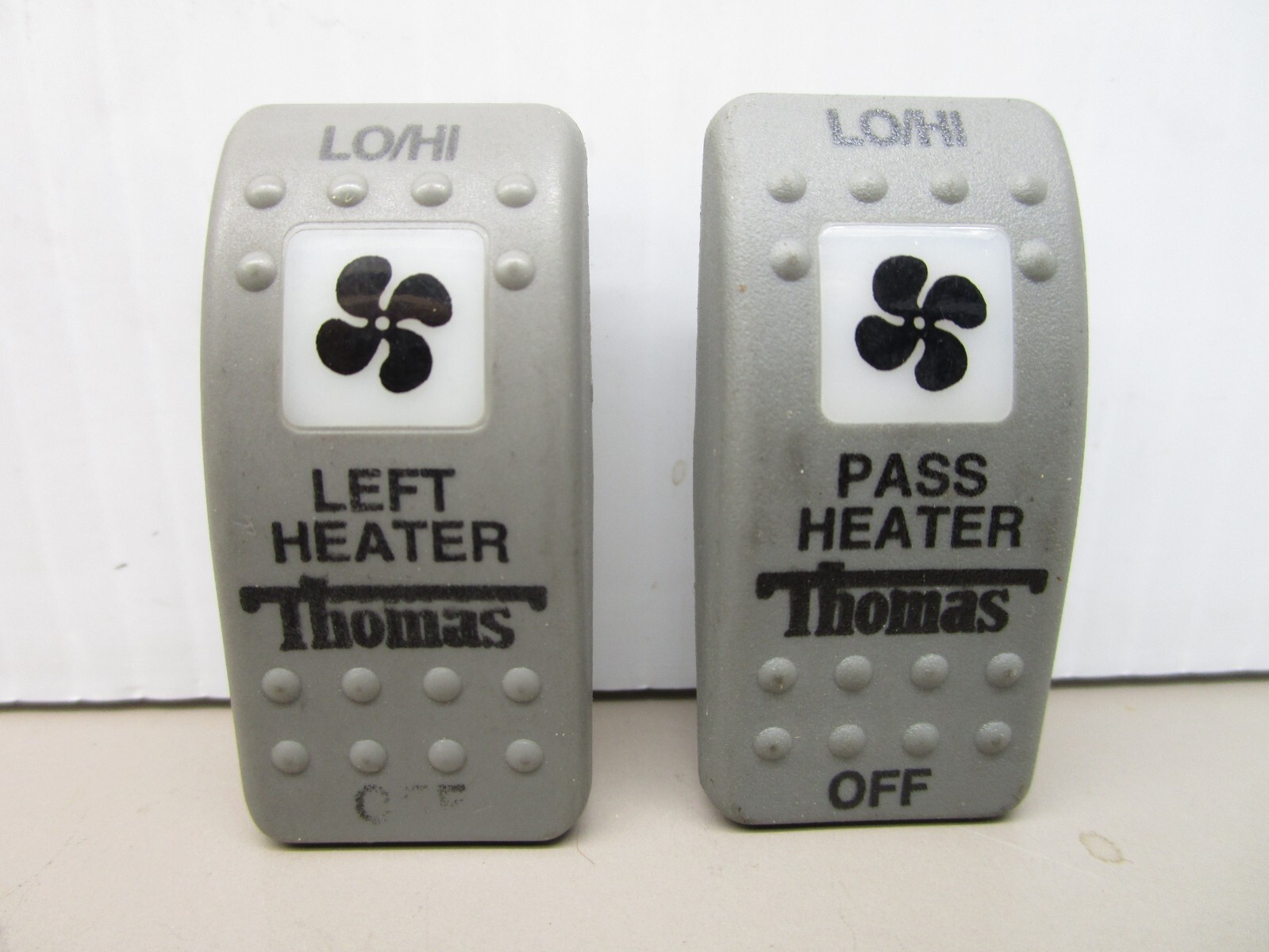 x2 Carling Rocker Switch Covers “Thomas Left Heater” “Thomas Right Heater”