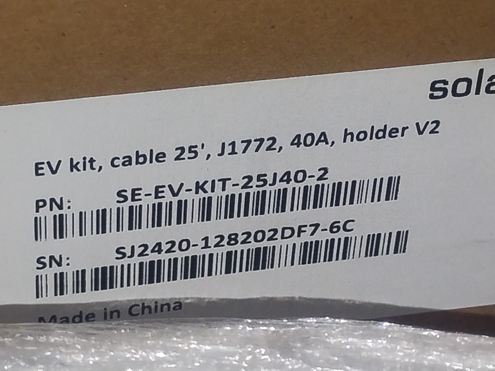 SolarEdge HD-Wave SE-EV-KIT-25J40-2 Charging Cable, CABLE ONLY