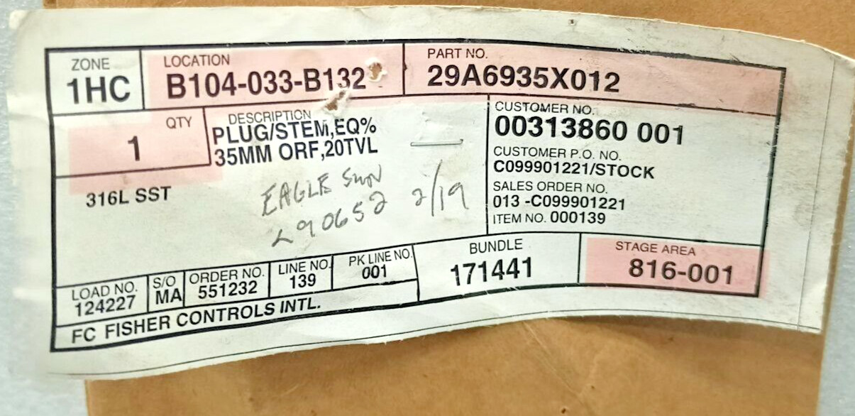 FISHER 29A6935X012 PLUG/STEM NEW FAST SHIPPING