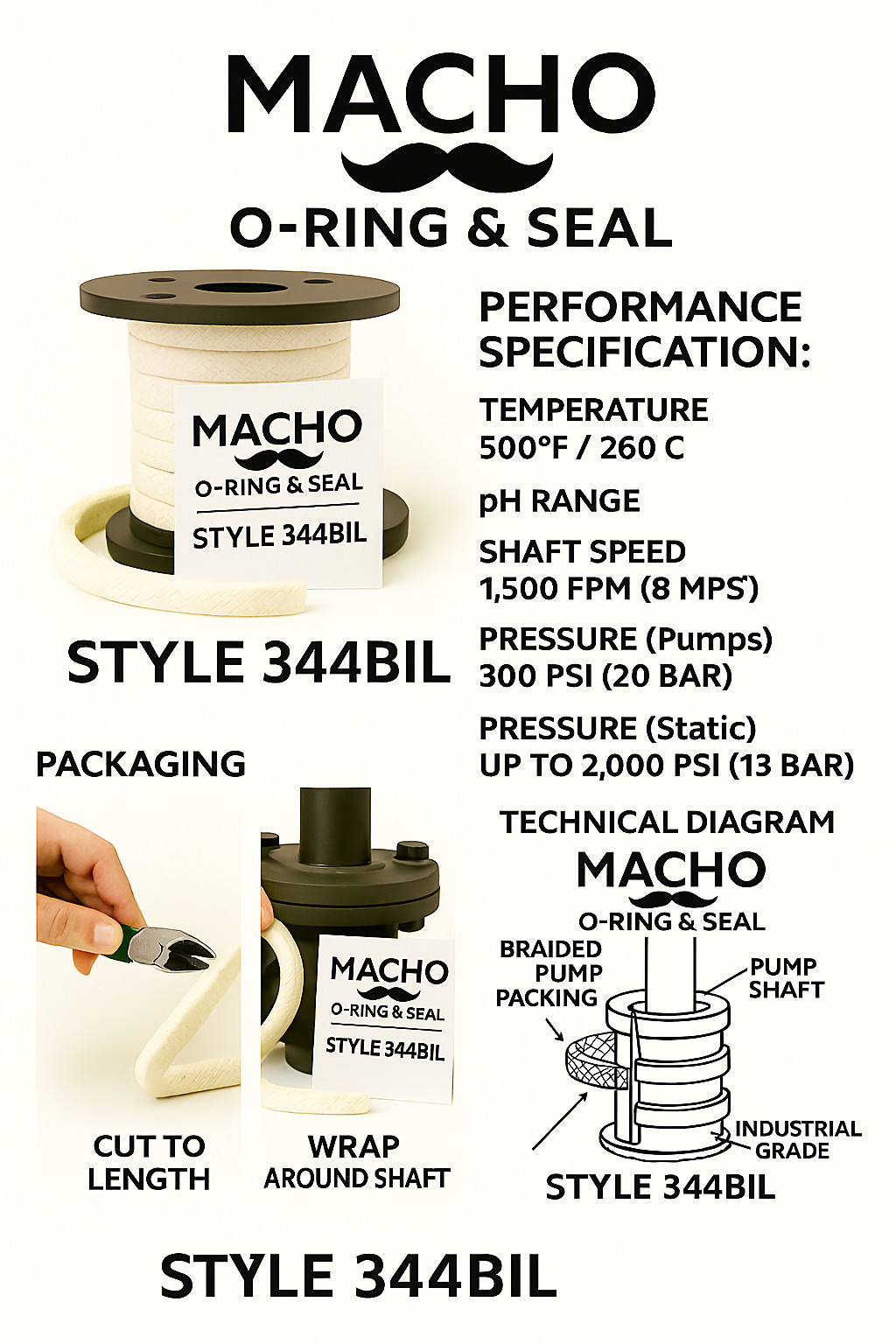 Style 344BIL Teflon Mechanical Pump & Valve Packing, 1/2″ SQUARE 10 FOOT LENGTH