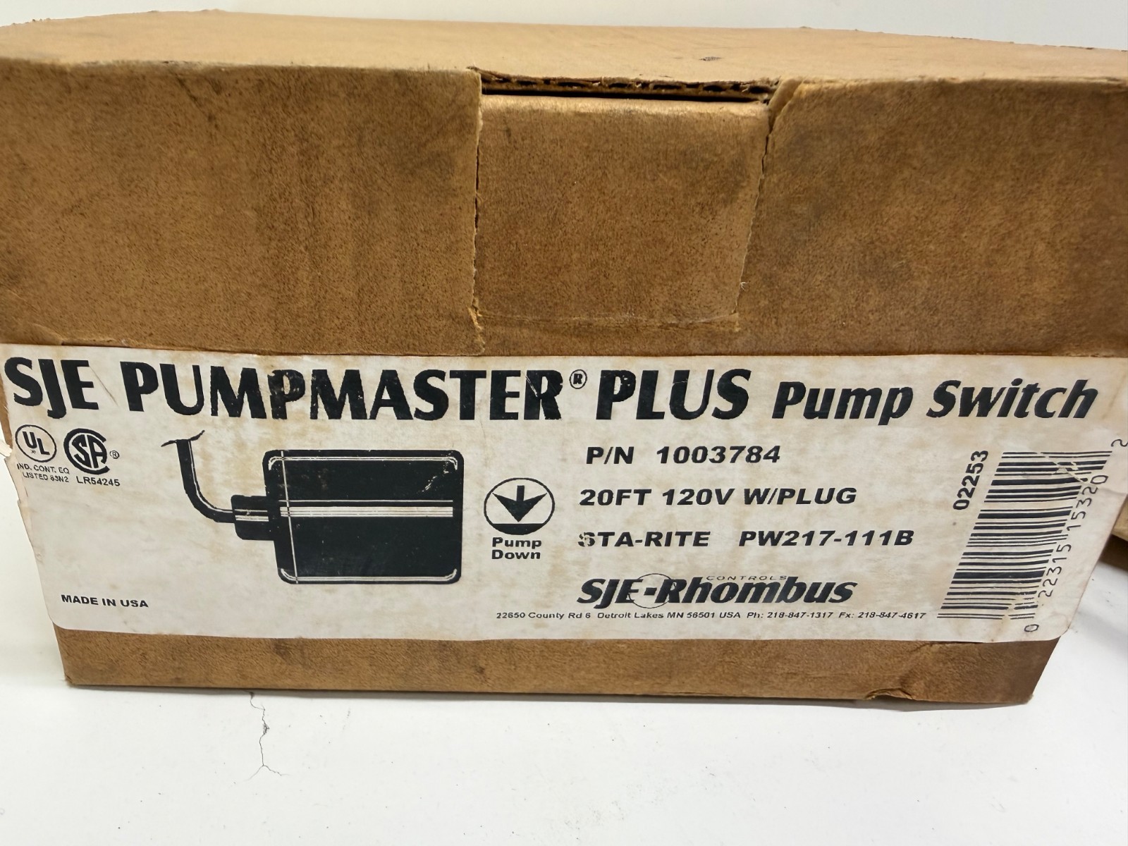 NEW IN BOX! SJE 20FT 120V W/PLUG PUMP SWITCH 1003784 PW217-111B