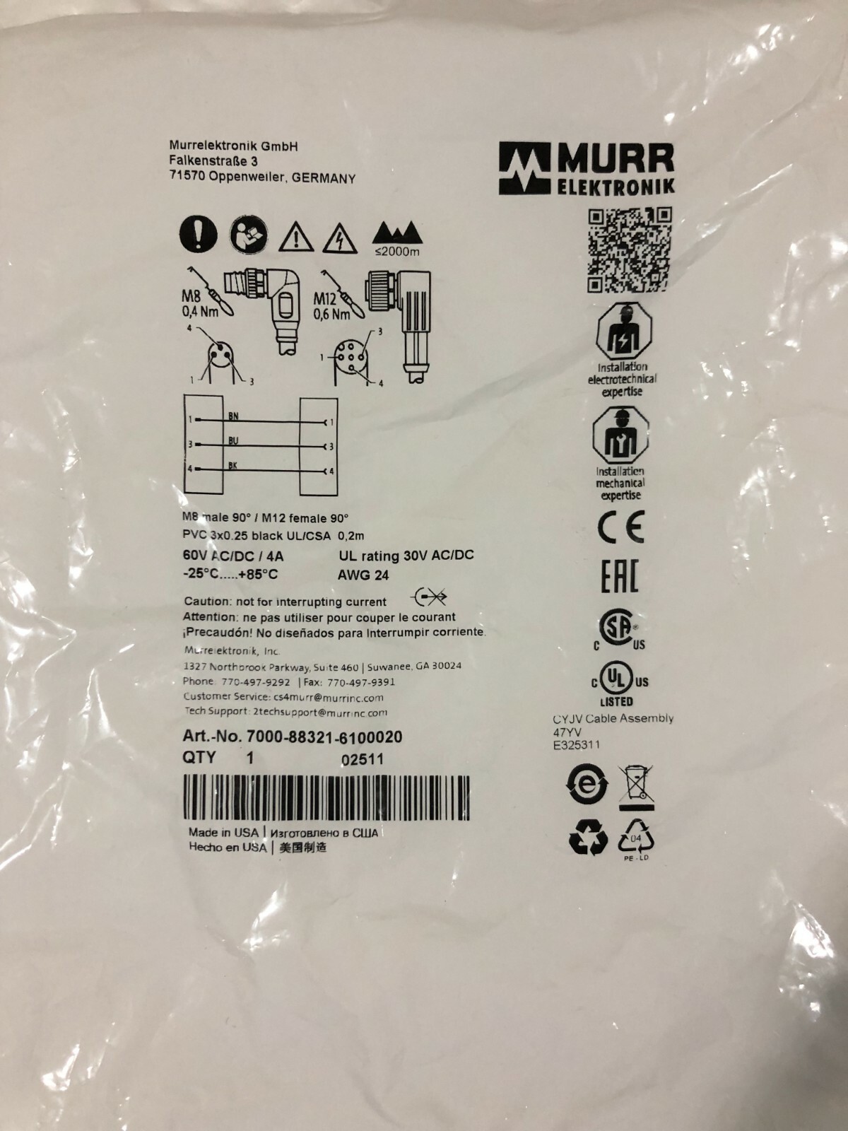 MurrElektronik – M8 Male/M12 Female – 7000-88321-6100200 – NEW