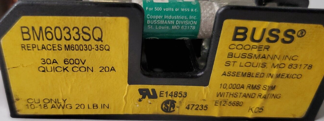 BUSSMANN FUSE BLOCK BM6033SQ M60030-3SQ 30A 600V TRON FNQ-30 FUSES 500VAC