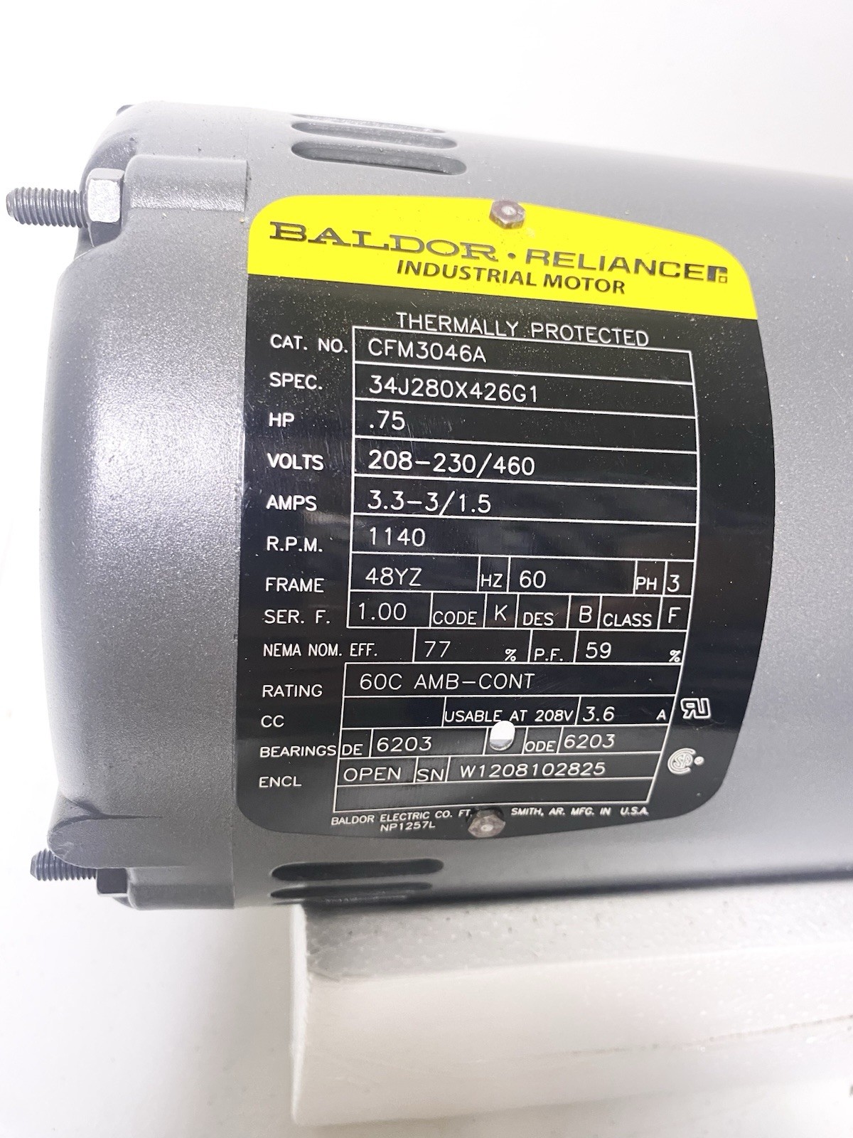 Baldor Electric CFM3046A 3/4 HP Motor 1140 RPM 3PH 48YZ