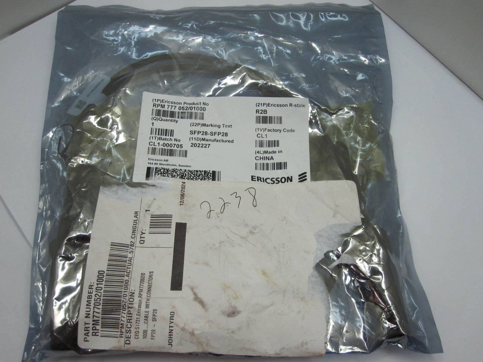 Ericsson RPM777052/01000 CABLE WITH CONNECTOR SFP28 – SFP28 – RPM77705201000 .