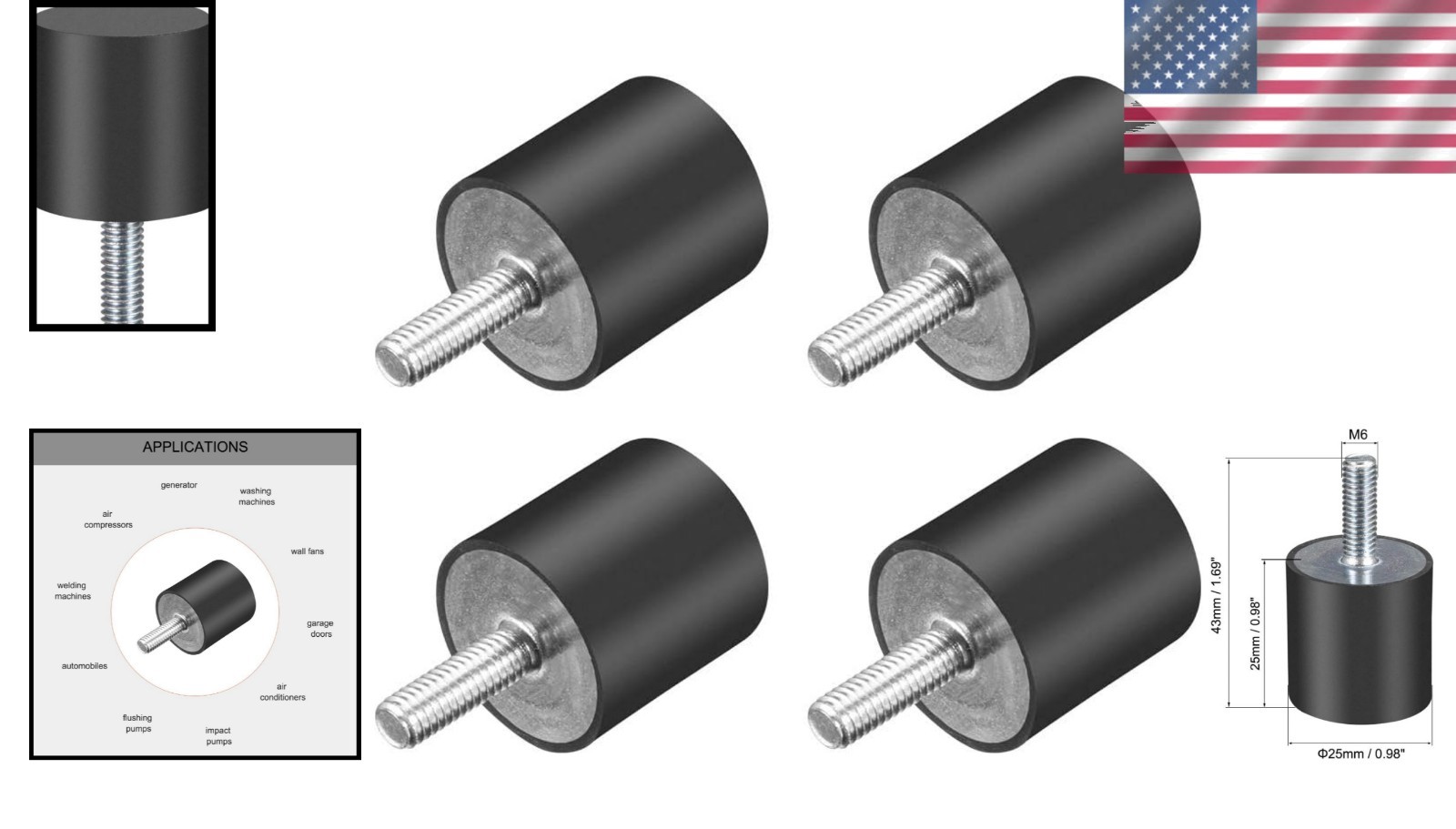 High-Performance 25x25mm M6 Rubber Vibration Isolators – 4 Pack Shock Absorbers