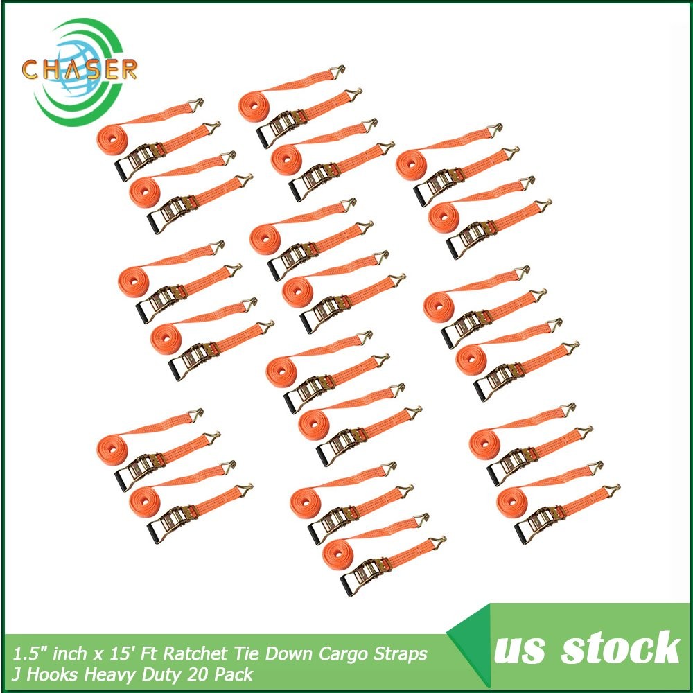 1.5″ inch x 15′ Ft Ratchet Tie Down Cargo Straps J Hooks Heavy Duty 20 Pack