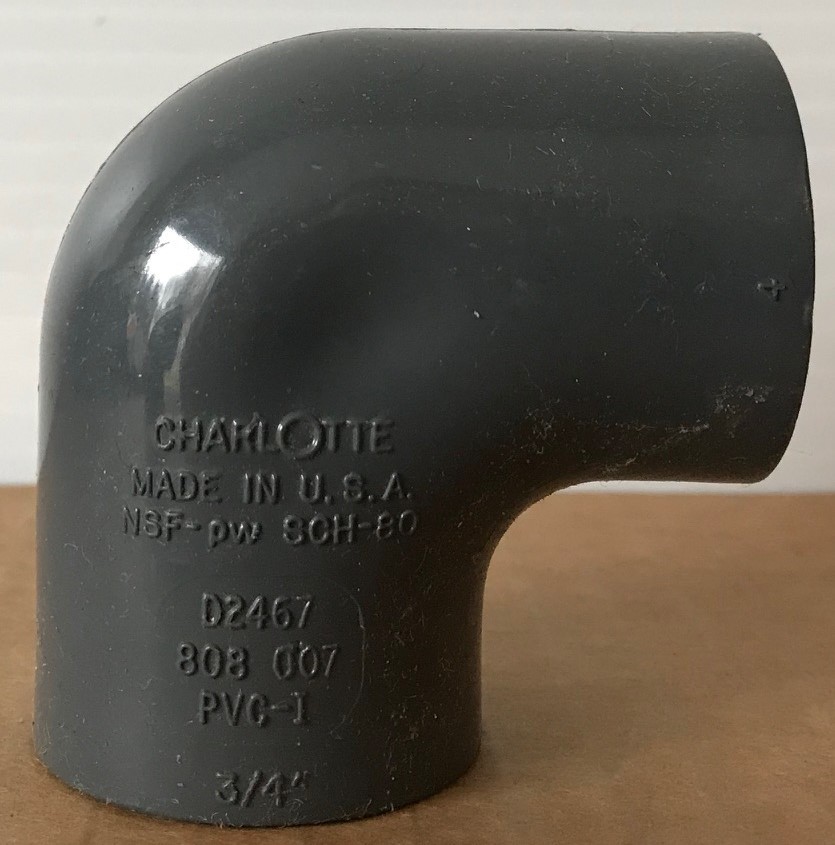 CHARLOTTE 3/4″ 90-Degree Elbow Schedule 80 PVC-I – Threaded x Threaded – NSF-pw