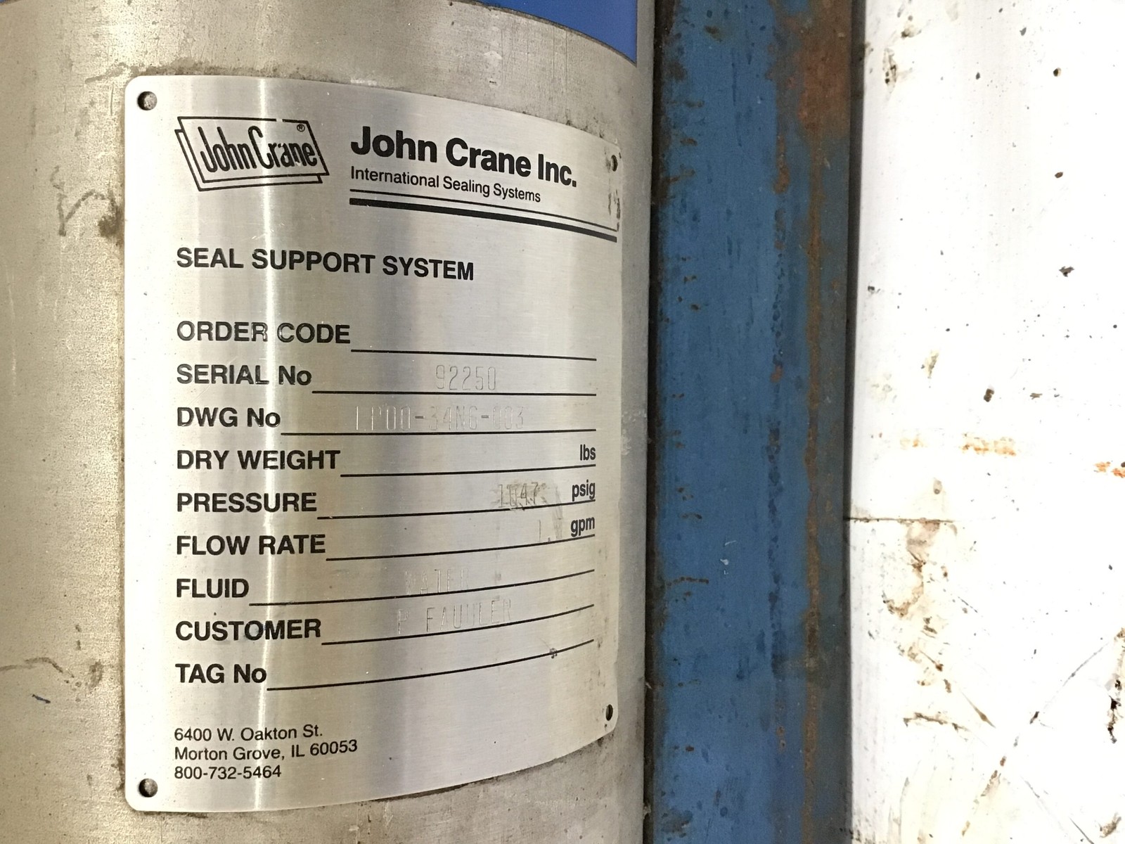 John Crane 92250 Seal Support System Reservoir Tank w/ Valves & Regulator