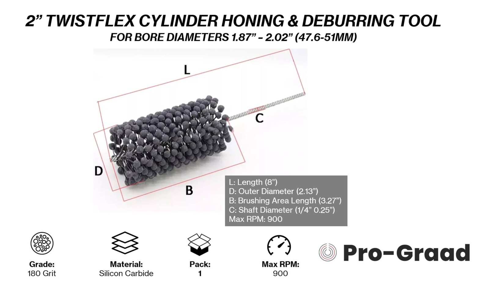 Pro-Graad TwistFlex 2″ 180SC Cylinder Hone | 2″ (50.8mm) Flexible Cylinder…