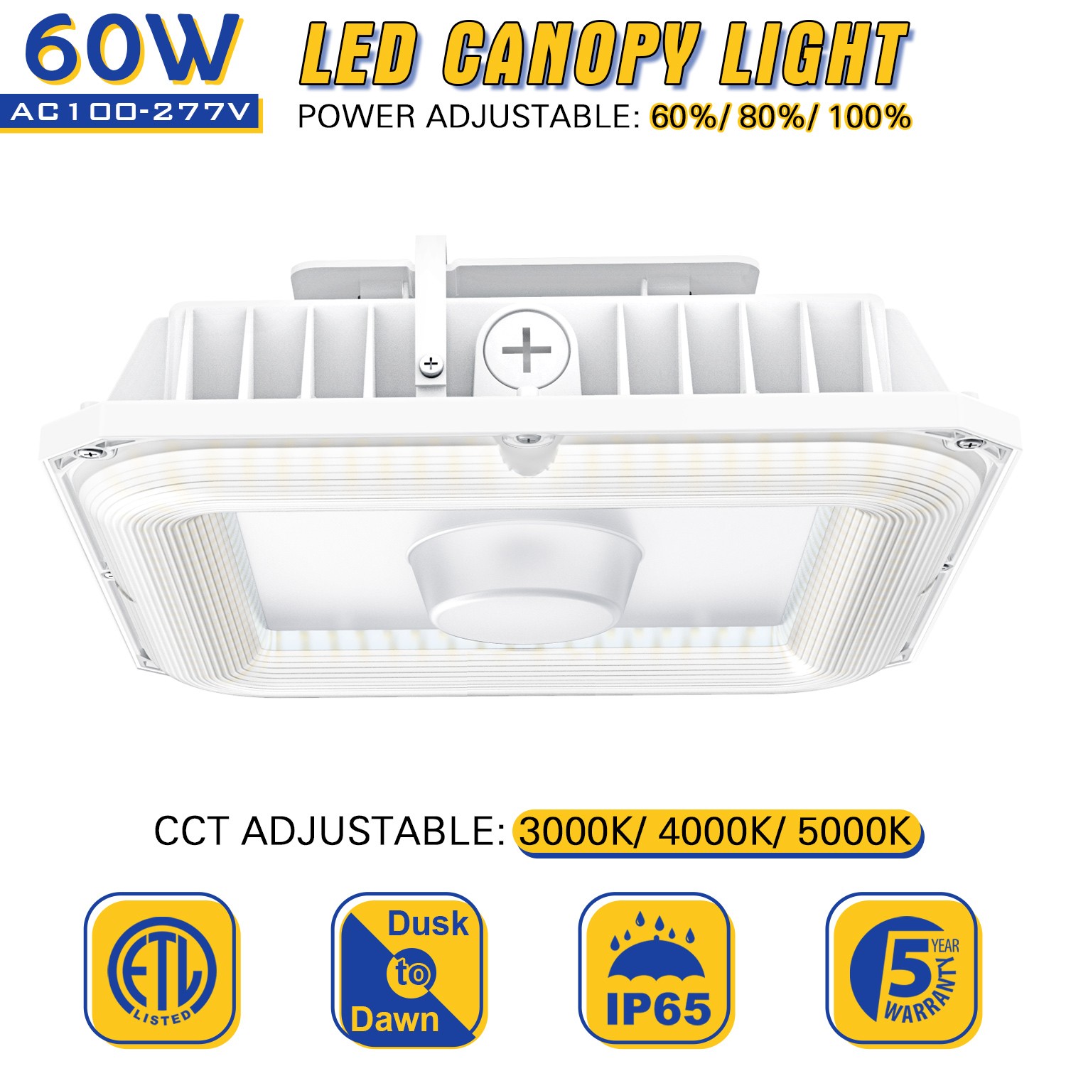 60W LED Canopy Light Outdoor Parking Gas Station Lamp 4.5K/5K/5.7K Dusk To Dawn