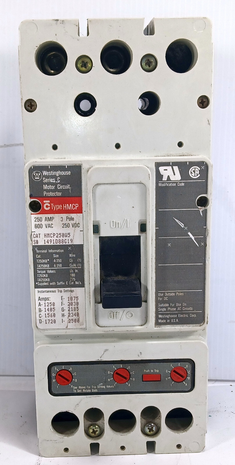 1 USED WESTINGHOUSE HMCP250W5 250 AMP MOLDED CASE CIRCUIT BREAKER **MAKE OFFER**