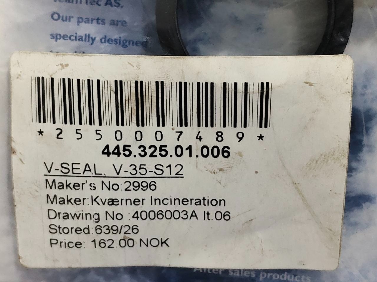 Teamtec V-35-S V-Ring Seal 2996 V-35-S12 (Unused New)