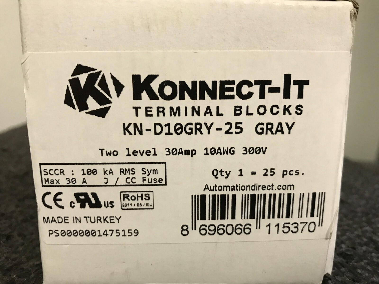 KONNECT IT KN-D10GRY-25 Two Level 30A 10AWG 300v Terminal Block 1 Box of 25
