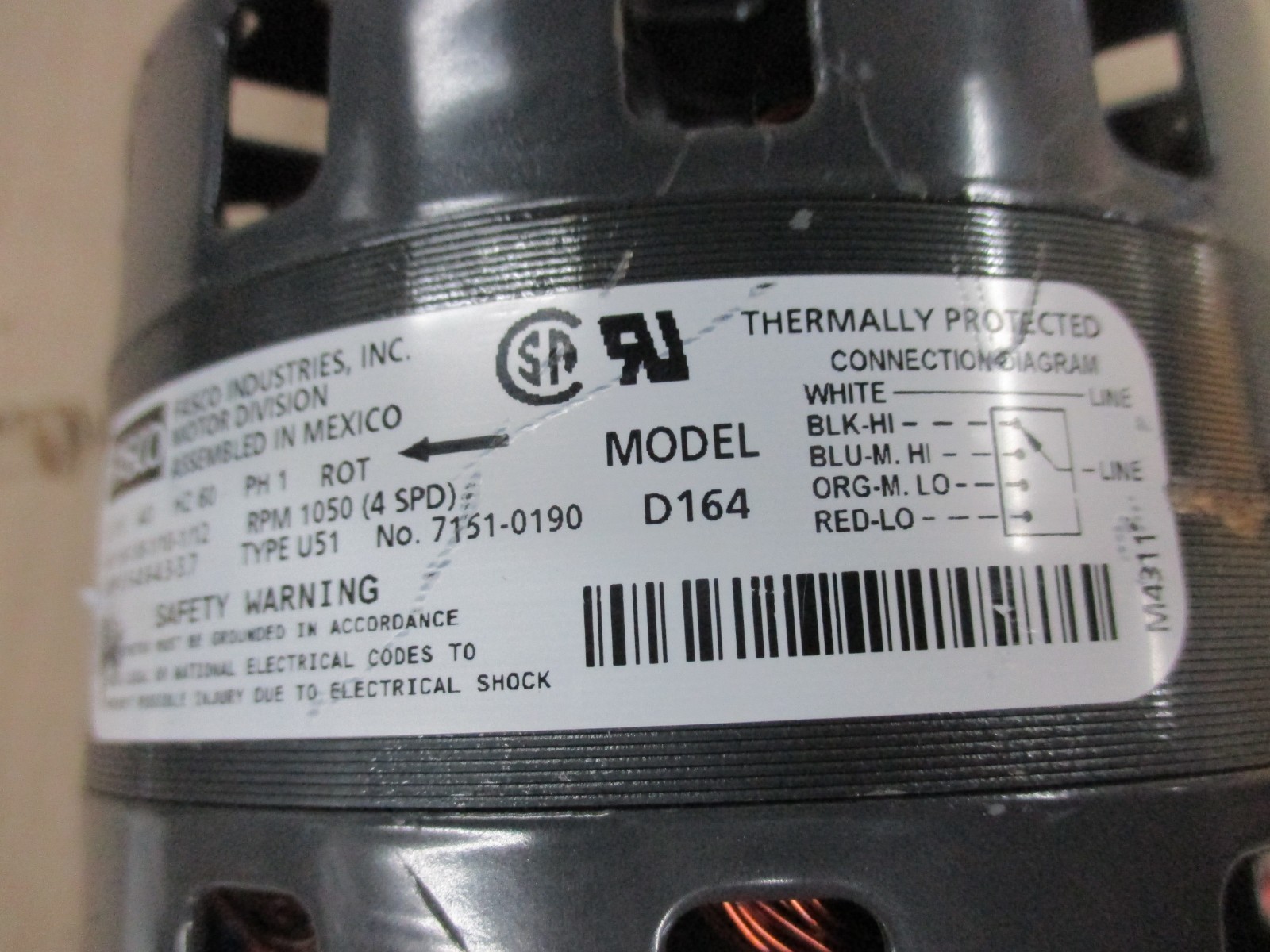 7151-0190 FASCO ELECTRIC MOTOR RPM 1050 (4SPD) HP 1/6 – 1/8 – 1/10 – 1/12 NEW