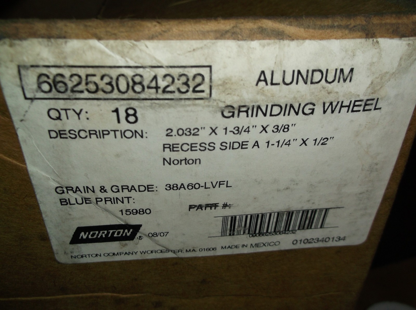 NEW Norton 38A60-LVFL Abrasive Grinding wheels 15980 2.032X1-3/4×1/2″, Lot of 18