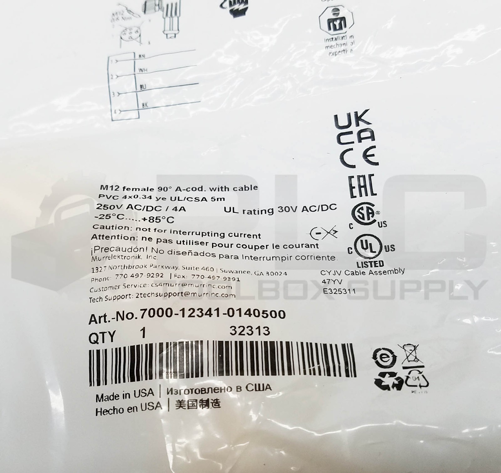 SEALED NEW MURR ELEKTRONIK 7000-12341-0140500 CORDSET M12 FEMALE 90 DEG