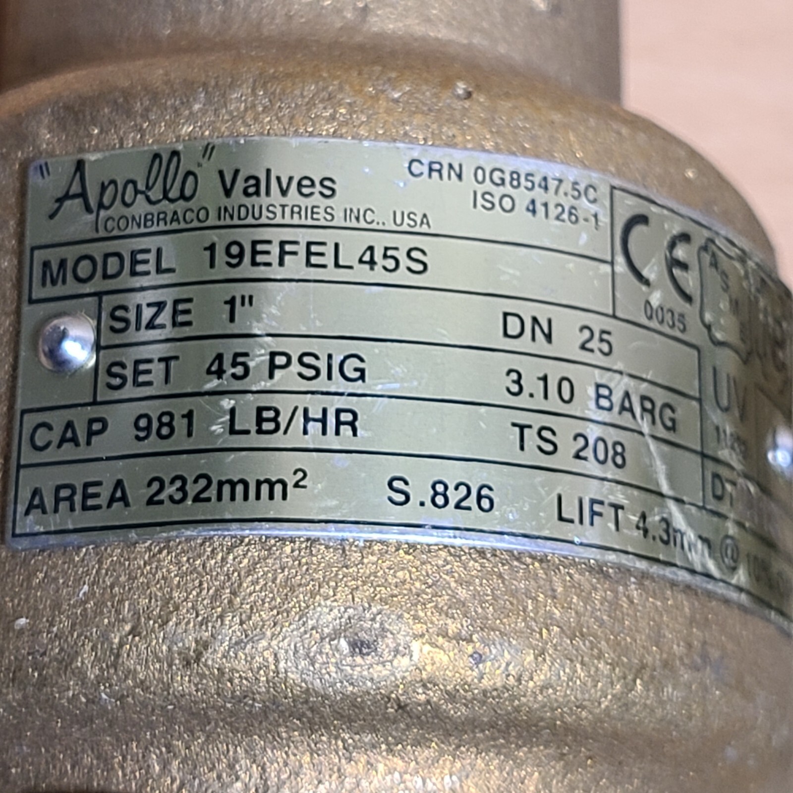 Lot of 2 APOLLO 19EFEL45S SAFETY VALVE 1″ NPT, Set @45 PSIG,Cap 981 LB/HR