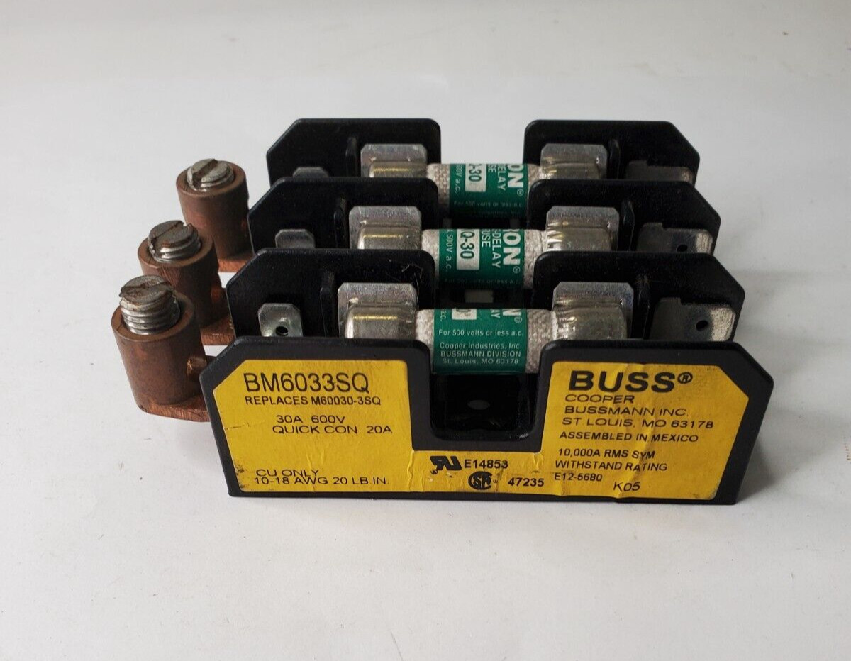 BUSSMANN FUSE BLOCK BM6033SQ M60030-3SQ 30A 600V TRON FNQ-30 FUSES 500VAC